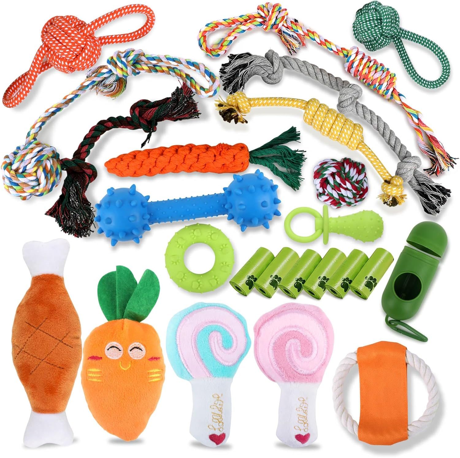 Oundarm 24 PCS Dog Chew Toy Set for Aggressive Chewers Boredom Interactive, Rubber Rope Stuffed Plush Squeak Puppy Enrichment Teething Toys for Small Medium Dogs Teeth Cleaning image number 4