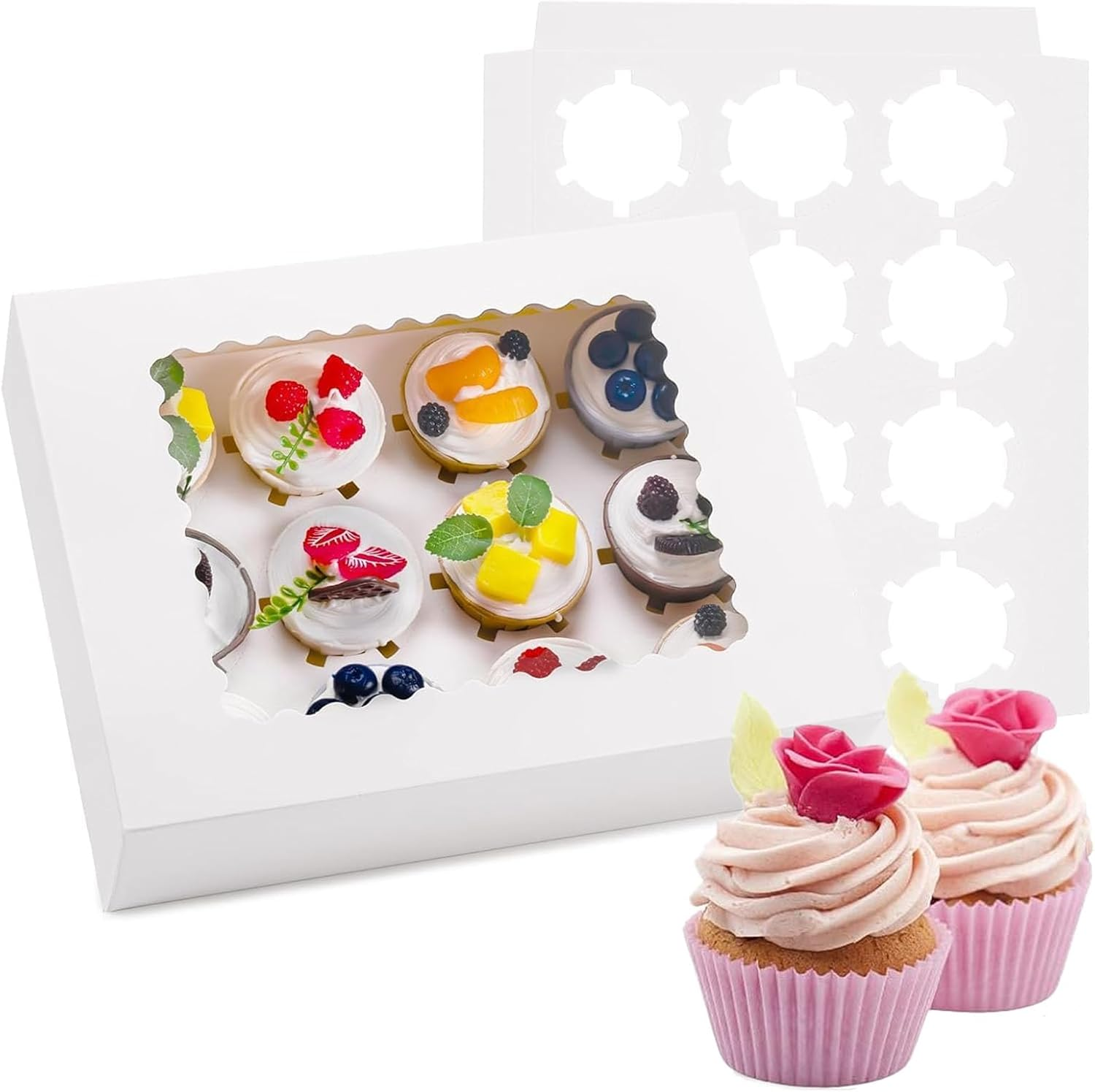 Cupcake Boxes, 10 Set White Containers 12 Count with Window Inserts, Disposable Holder for Muffins, Cookies, Dessert image number 3