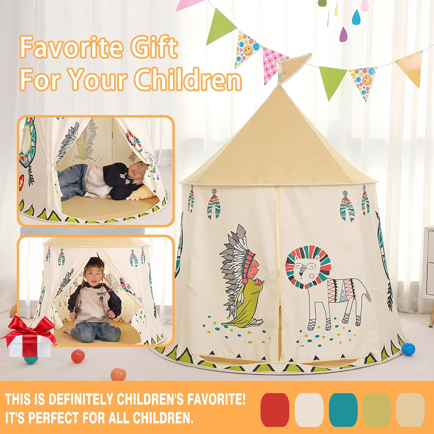 Kids Play Tent Pop-Up Indian Tent Tipi Princess Prince Castle Play Tent EN71 ASTM Certified Indoor Outdoor Portable Playhouse Boys & Girls Birthday Gift image number 3
