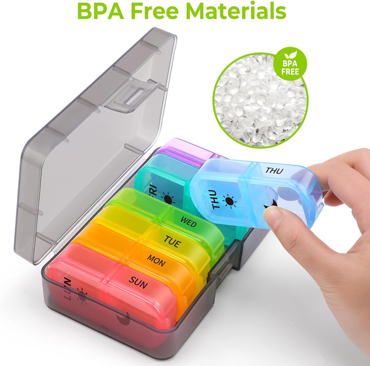 Opret Pill Organiser 7 Day, Weekly Pill Box 2 Times a Day for AM PM, Travel Tablet Organiser with 14 Large Compartments, for Vitamins Supplements Medication (Rainbow) image number 3