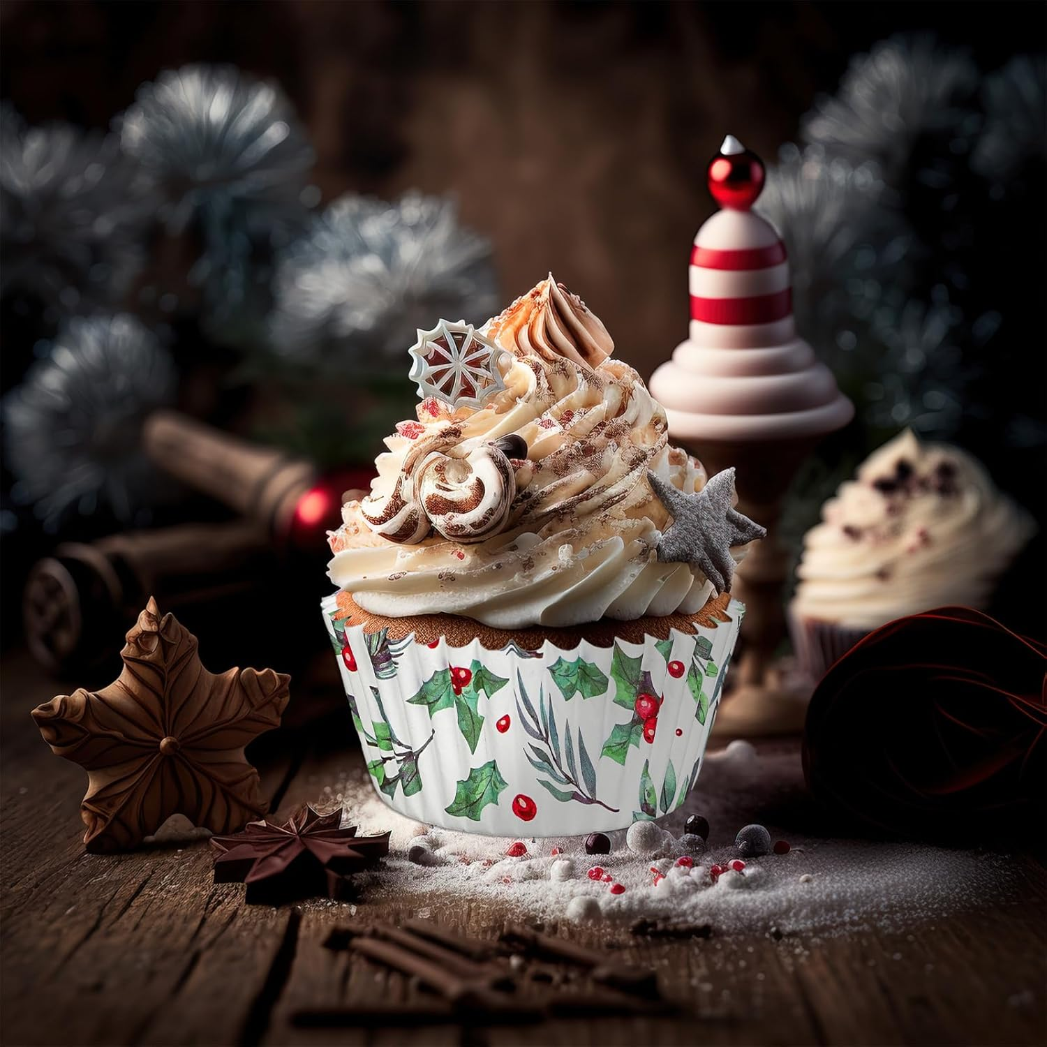 Whaline 300Pcs Christmas Cupcake Liners Holly Print Baking Cups Holders Watercolor Holly Jolly Cupcake Wrappers Red Green Berry Muffin Liners for Xmas Holiday Birthday Party Supplies