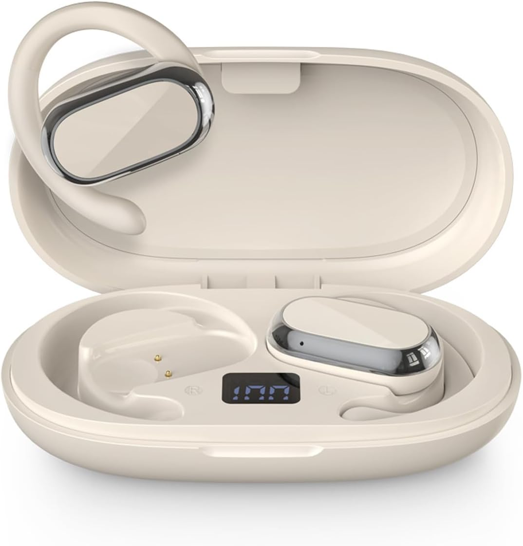 Xmenha Open Ear Wireless Sports Headphones - Bluetooth 5.3, Bone Conduction, 5 Hour Battery, Beige