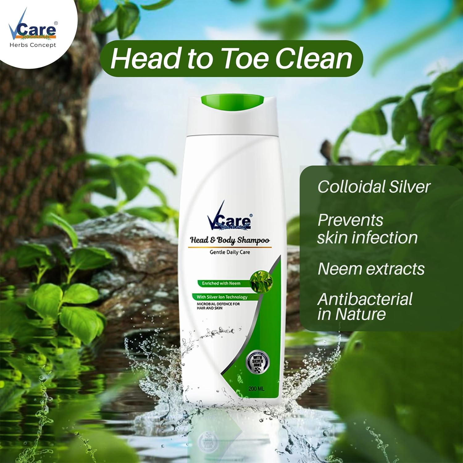 Vcare Head & Body Shampoo, 200 Ml, (Pack of 2), Enriched with Neem and Silver Iron Technology image number 4