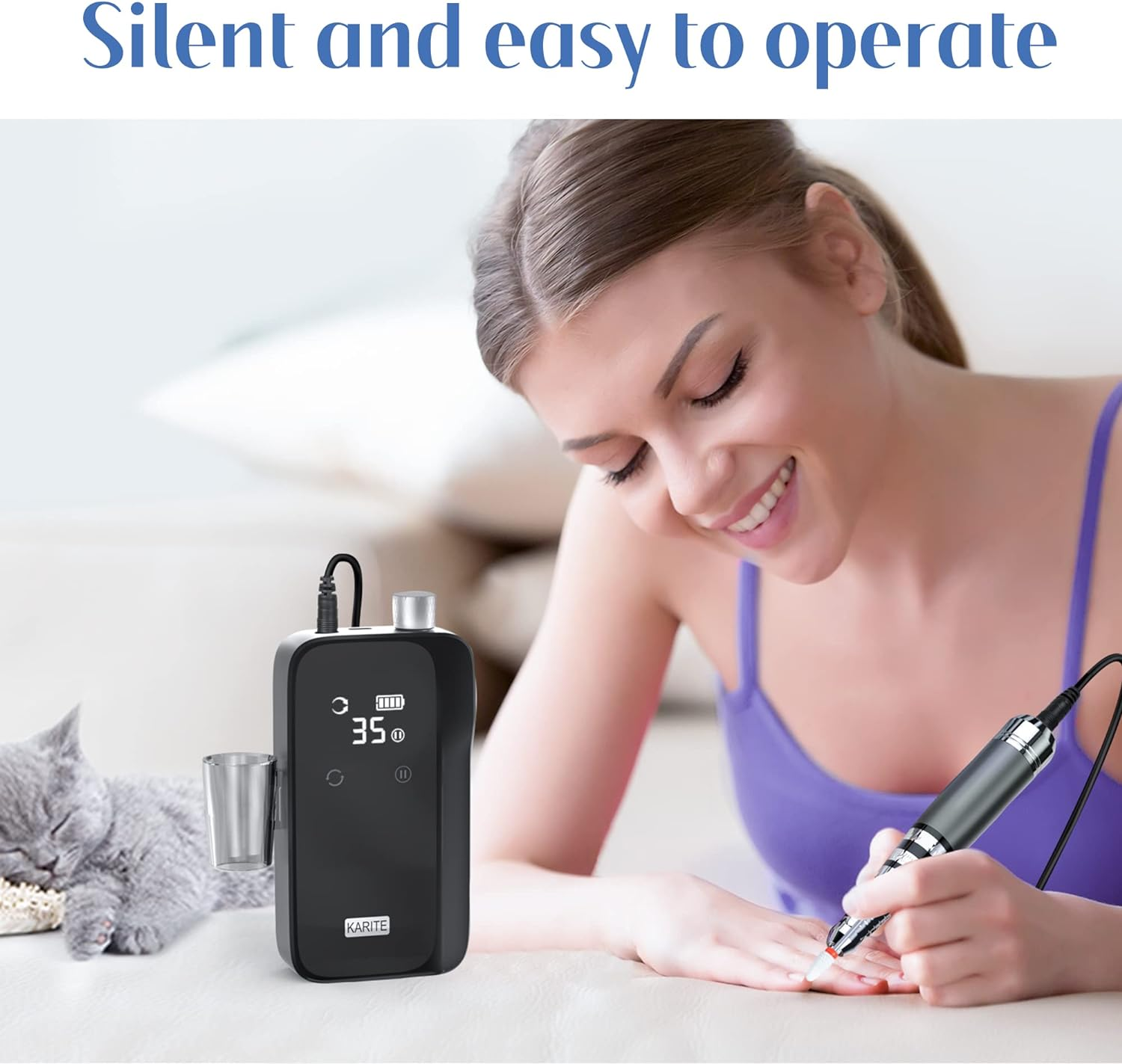 Karite Nail Drill for Acrylic Nails Professional, 35000RPM Portable File, Electric Machine 24H Working Time, Coreless Motor and 12 Bits, Art Manicure Pedicure, Low Noise, Bright Black image number 1