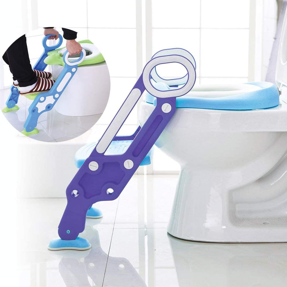 Baby Toddler Kids Potty Toilet Training Seat with Step Stool - Soft Cushion - Adjustable Footrest - Sturdy Design - Foldable - Portable - for Boys and Girls