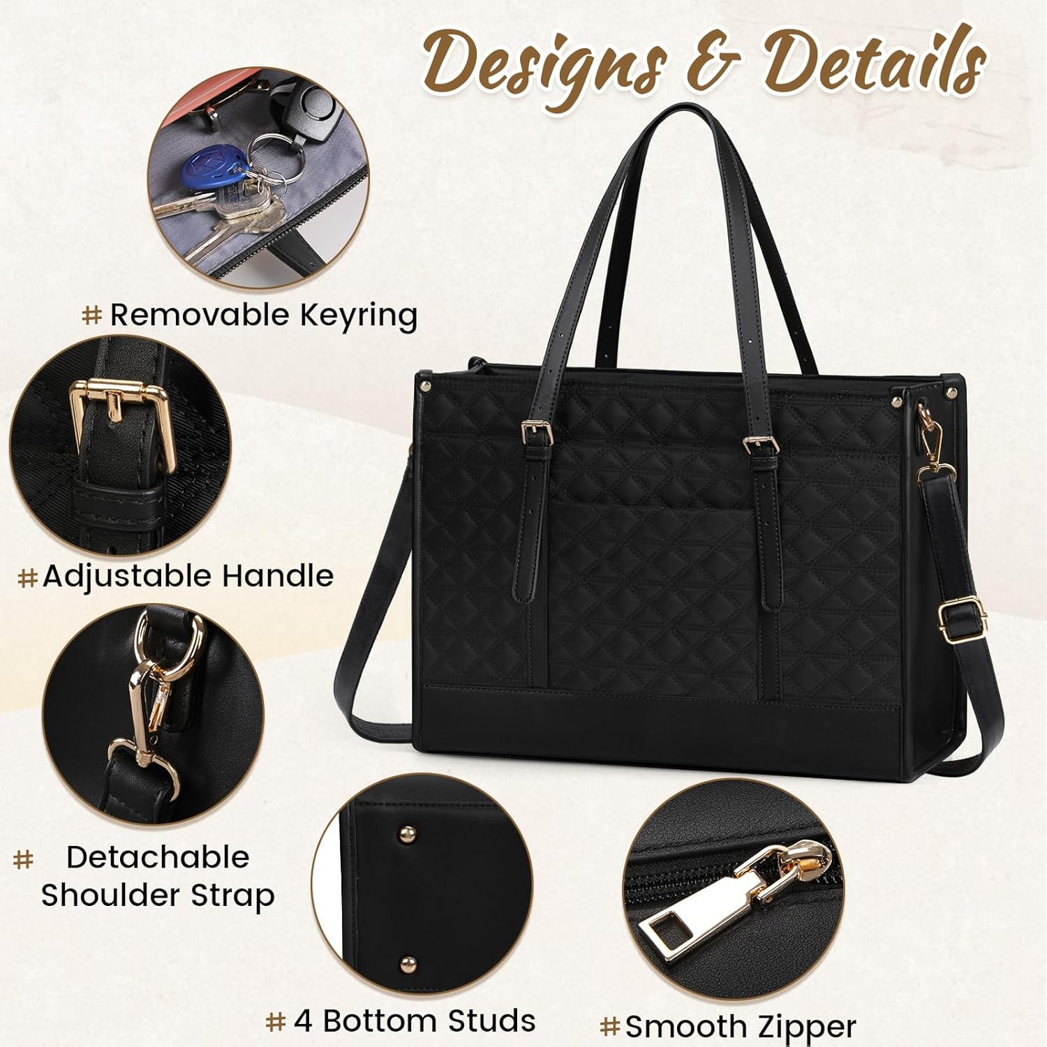 IGOLUMON Laptop Bag for Women 15.6 Inch Vegan PU Leather Work Tote Bag Designer Quilted Womens Briefcase with Clutch Purse image number 3