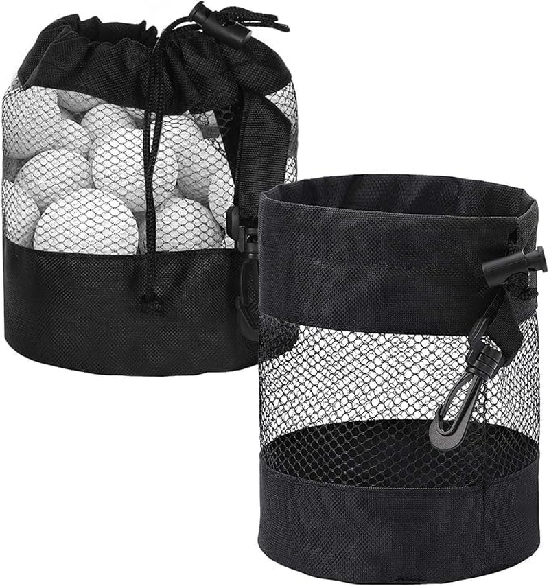 Leanockesa 2 Pcs Black Nylon Mesh Golf Ball Bags with Drawstring & Hooks, 7.08 X 5.11 Inch Portable Golf Ball Storage Pouch, Durable Golf Ball Organizer for Easy Access