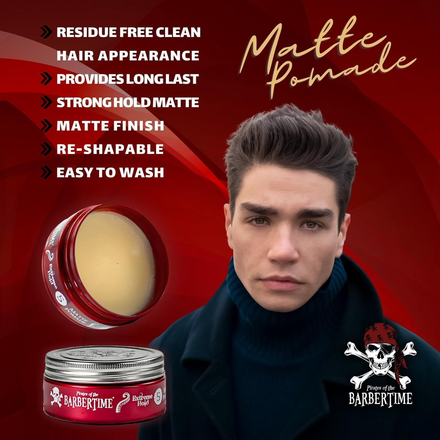 BARBERTIME Matte Pomade No. 5 Hair Styling Hair Wax (3 X 150 Ml) Water-Based, Strong Hold & Matte Finish, Vanilla Fragrance, No Sticking or Hardening, Long-Lasting Style and Natural Look image number 2