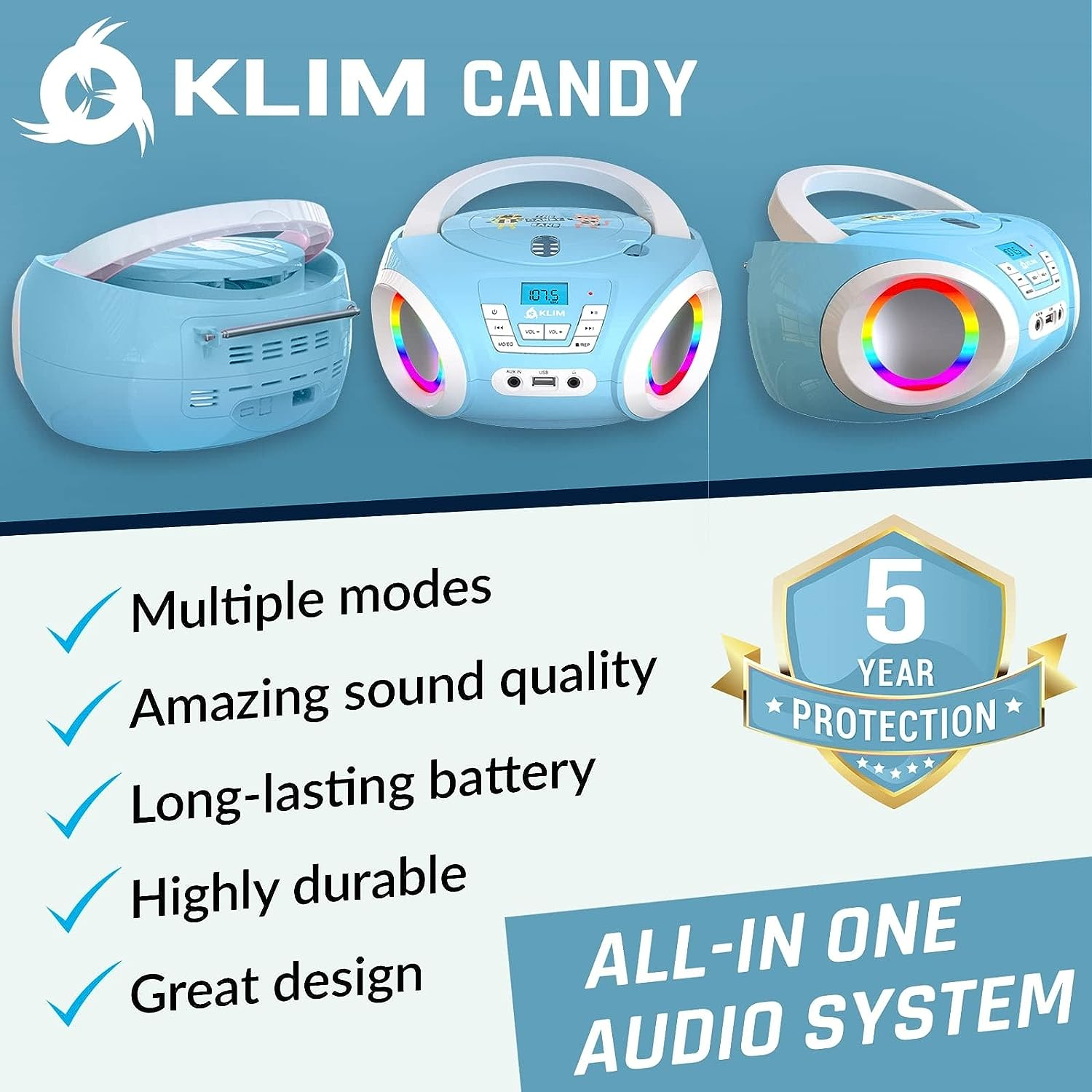 KLIM Candy Kids Portable CD Player for Kids - FM Radio - Batteries Included - CD Boombox for Kids - Cute Pink Radio CD Player with Speakers for Kids and Toddlers - Blue image number 5