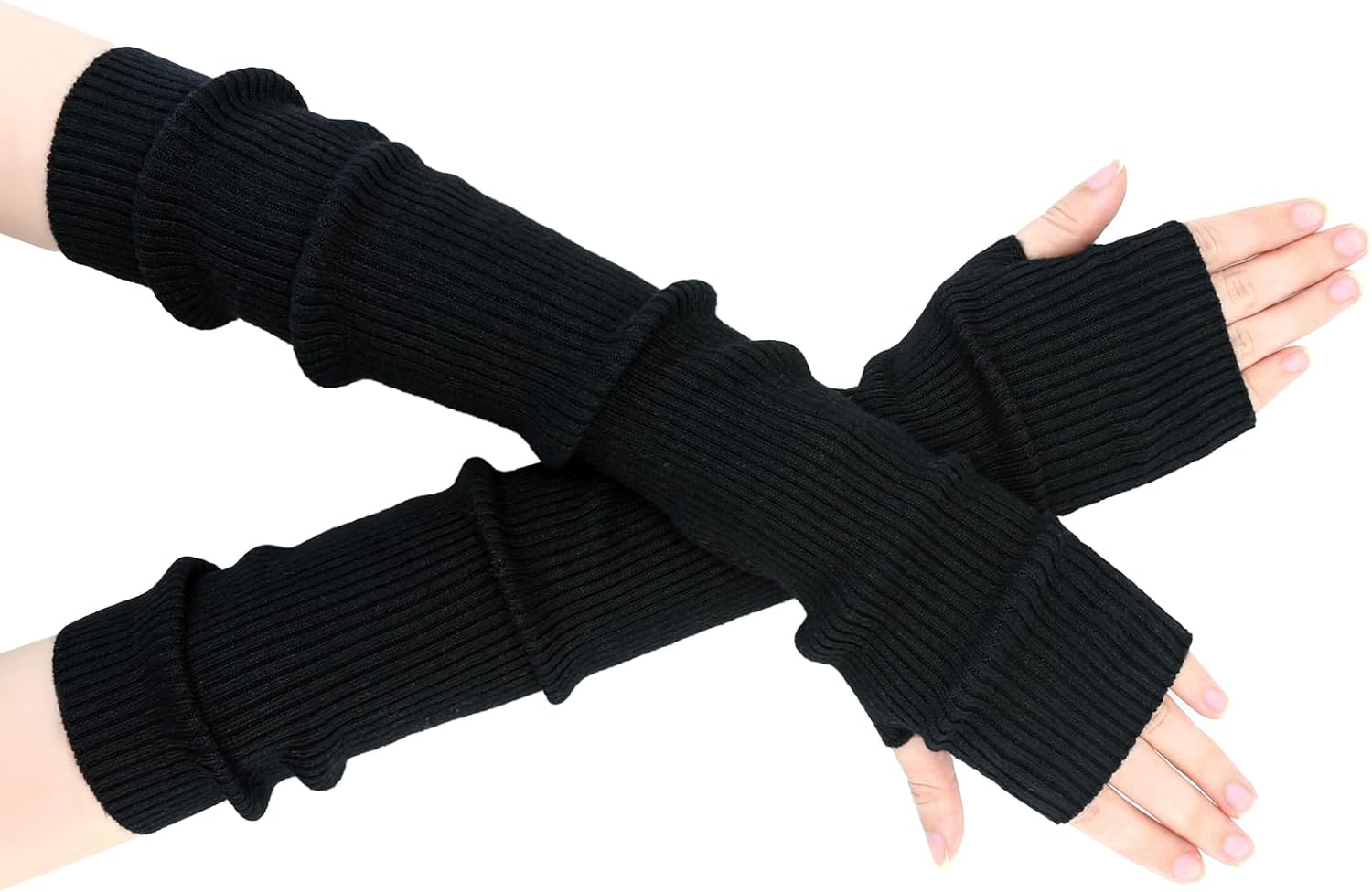 SEYUFN Winter Fingerless Long Gloves for Women Cashmere Blended Knitted Arm Warmers Super Soft Black Arm Sleeves