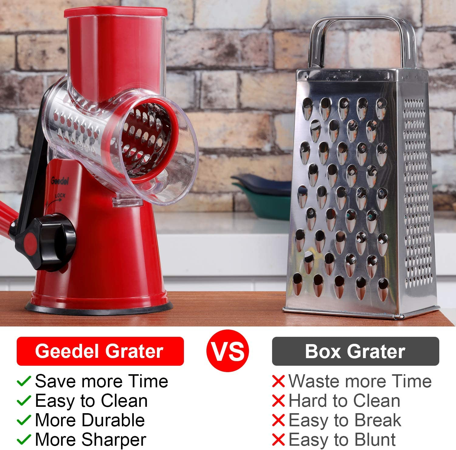 Geedel Rotary Cheese Grater, Kitchen Mandoline Vegetable Slicer with 3 Interchangeable Blades, Easy to Clean Rotary Grater Slicer for Fruit, Vegetables, Nuts image number 4