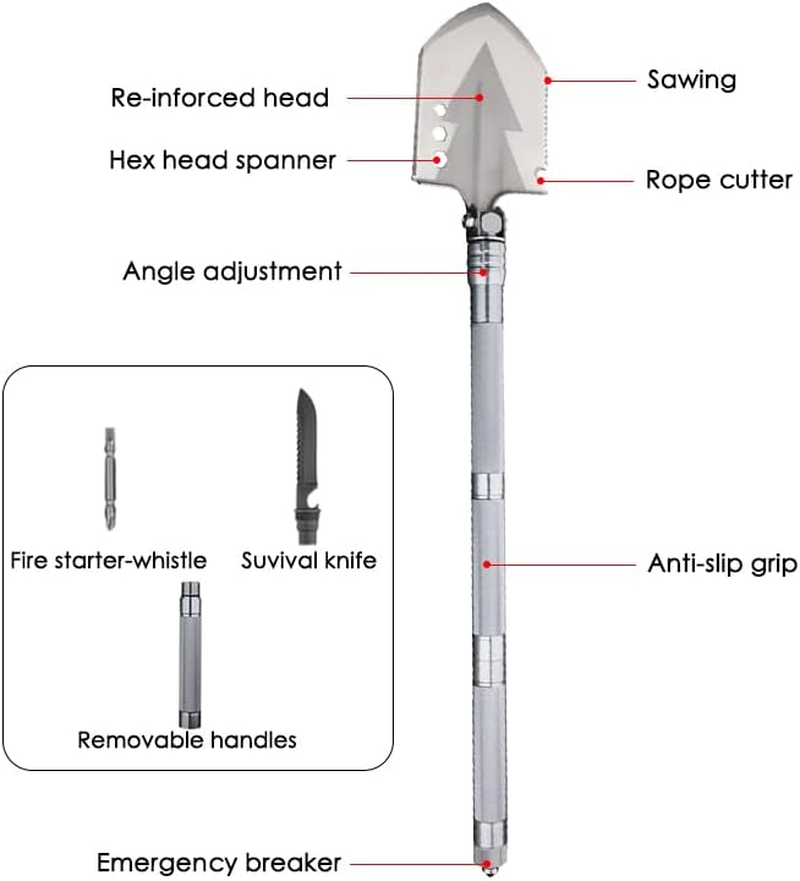Leona Co Multi Purpose Survival Shovel, Military Foldable Camping Shovel Multitool, Tactical Shovel with Collapsible Spade for Trenching, Hiking, Car Emergency image number 4