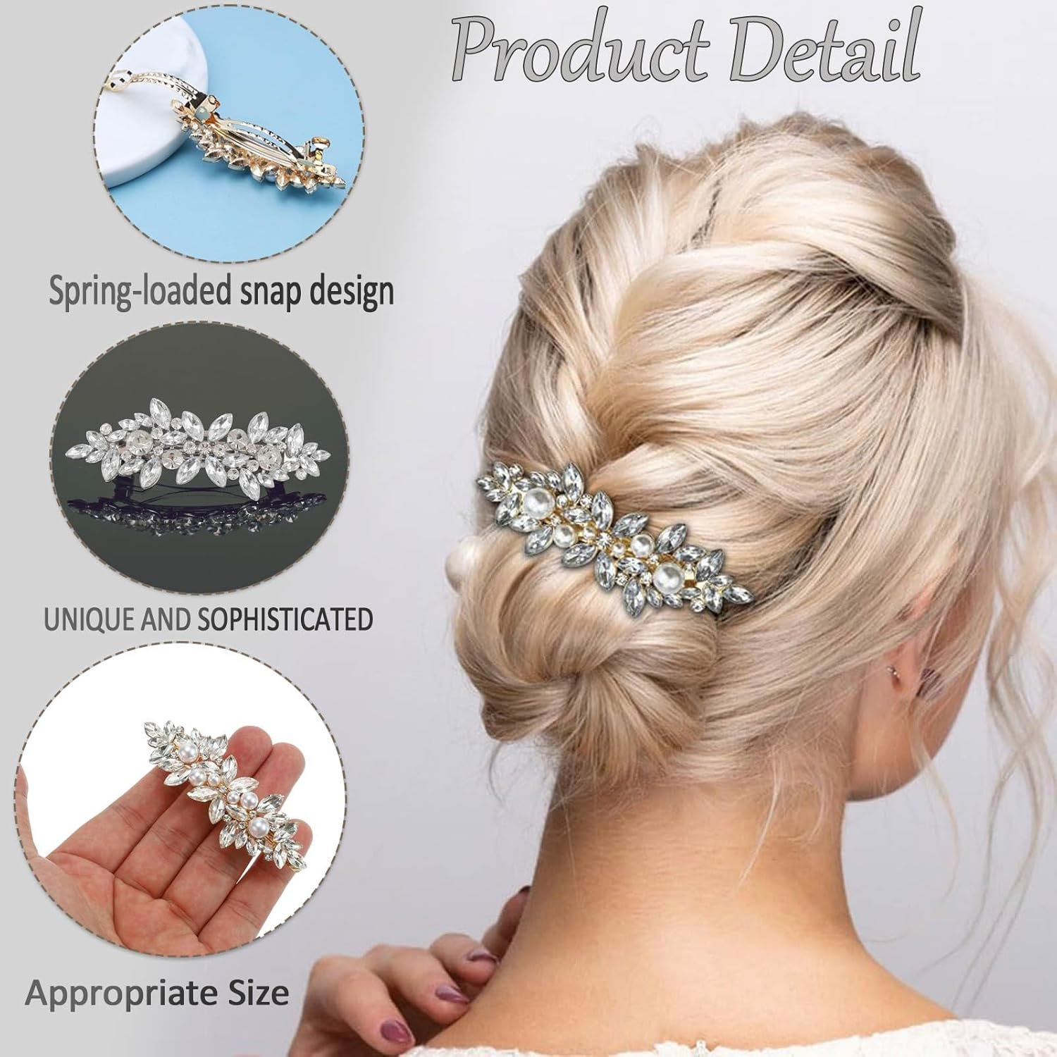 YUBBYSTU 3 Pcs Rhinestone Hair Clips, Pearl Hair Clip Flower Hair Barrettes Leaf Bridal Pins Crystal Decorative Headwear Accessories with Spring Clips for Women Girls Bridesmaid image number 6