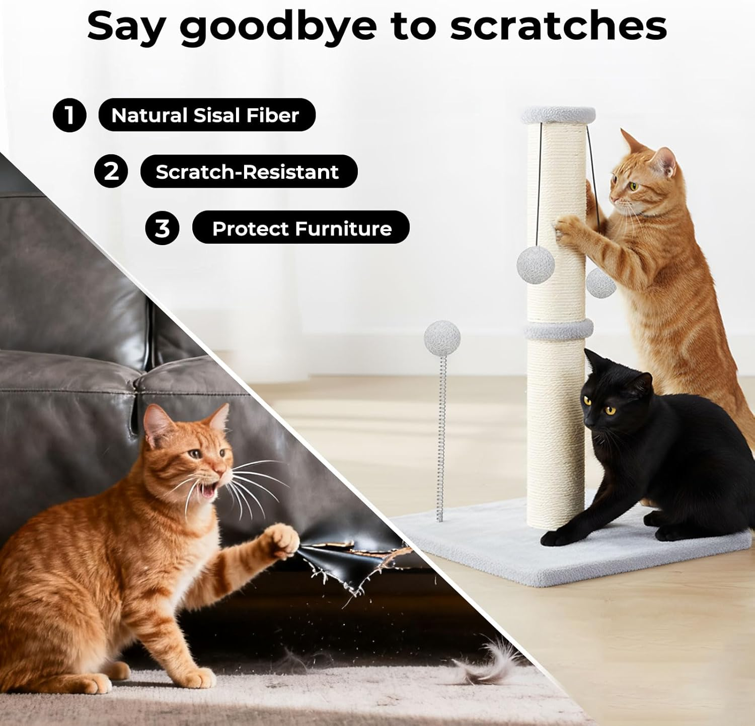 Pawz Cat Scratching Post, Cat Scratcher for Indoor Cats, Cats Scratch Post with Natural Sisal Rope, Spring Ball Toys and Stable Heavy Base, Cat Activity Play Center, Durable Furniture Protector