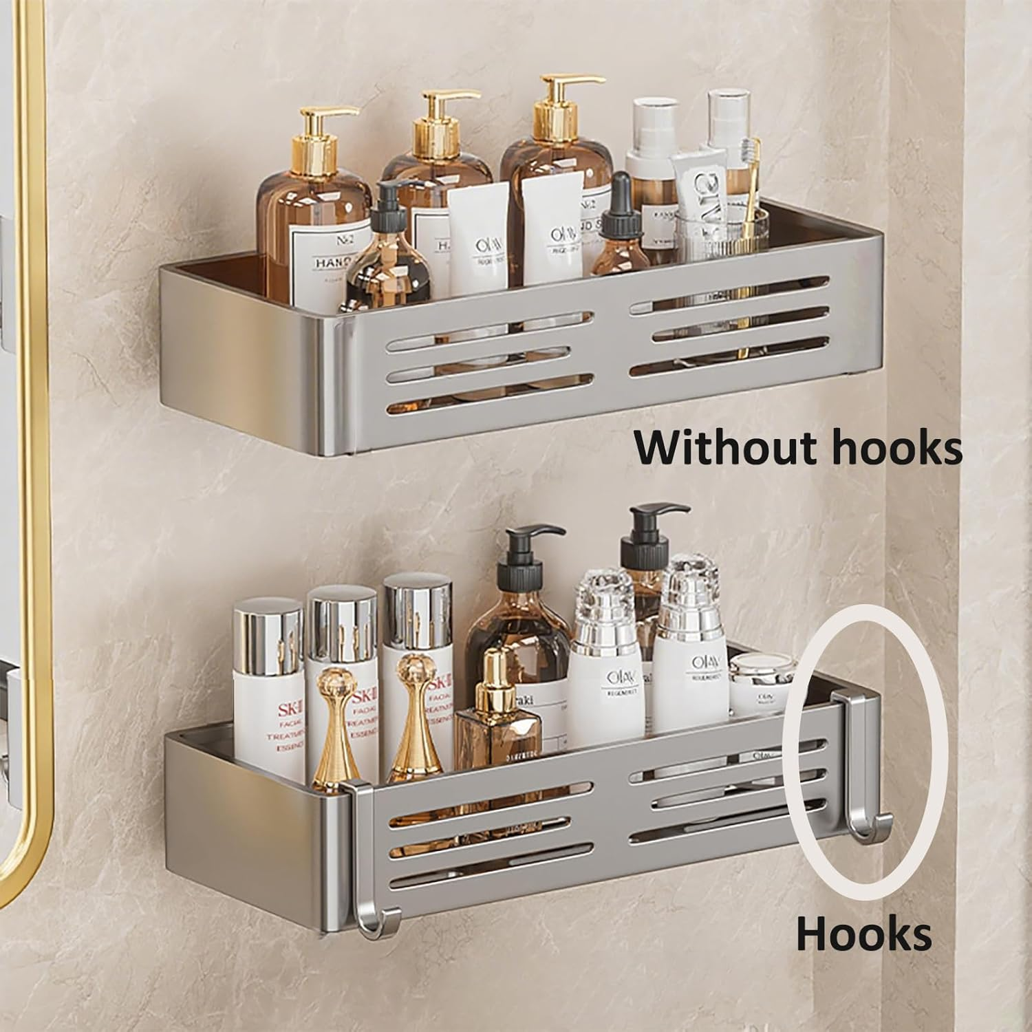 Rectangle Shower Caddy, Damage-Free Bathroom Shelf, Minimalist Style Organizer Rack, Holds Shampoo, Conditioner, Razors, Soap (Big) image number 4