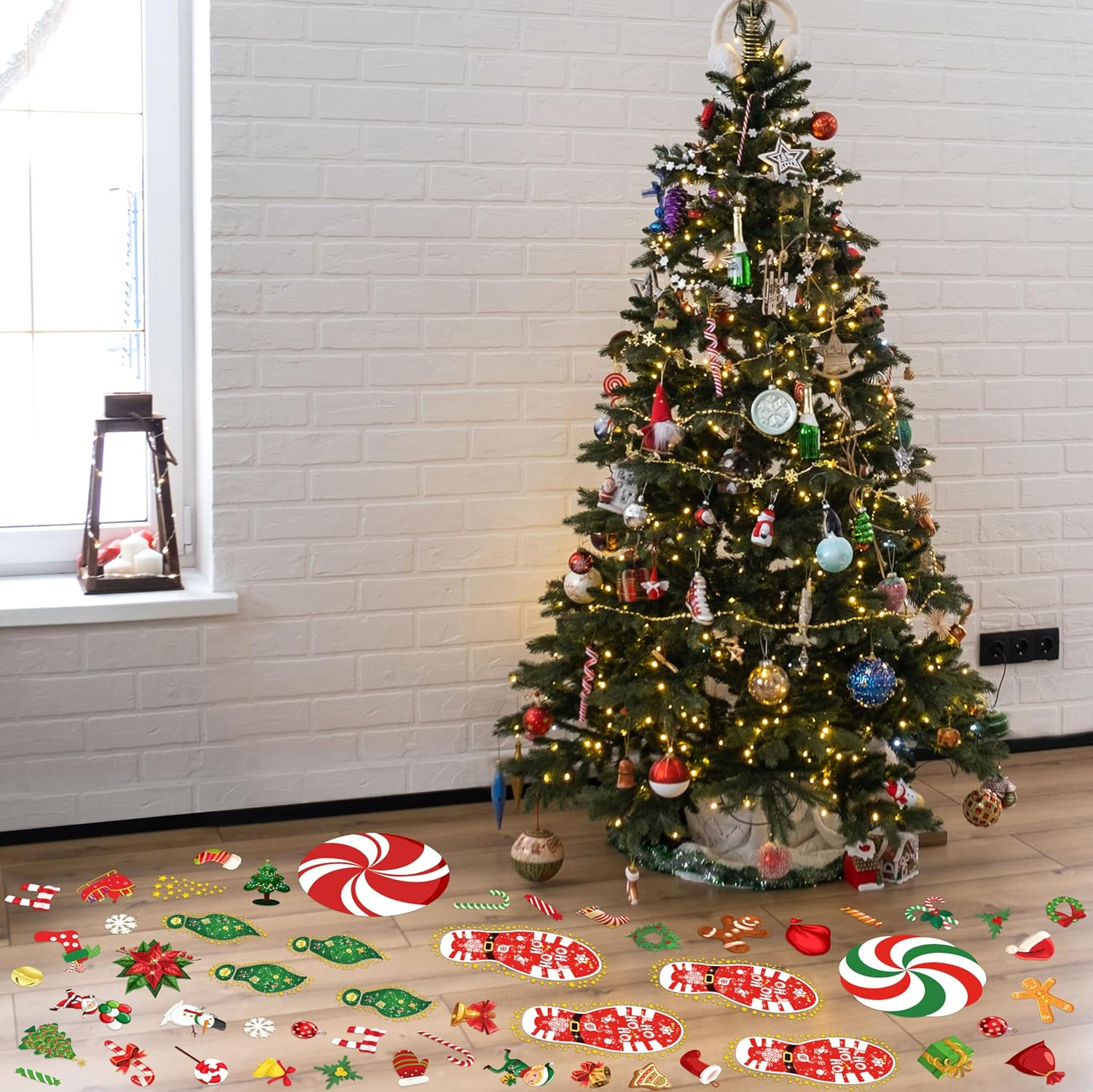 200PCS Christmas Peppermint Floor Clings Footprints Decorations - Santa Claus / Elf / Candy / Snowman Decals Xmas Party Decor Supplies image number 5