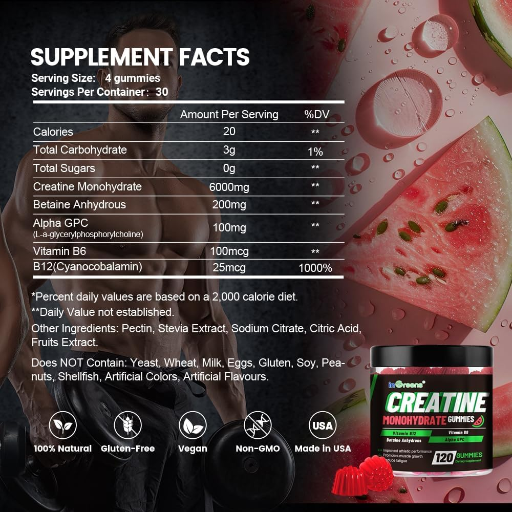 Creatine Monohydrate Gummies for Men & Women, 6G Creatine per Serving, Support Muscle Growth & Strength, Gluten-Free, Sugar Free, Watermelon Flavor, 120 Count image number 1