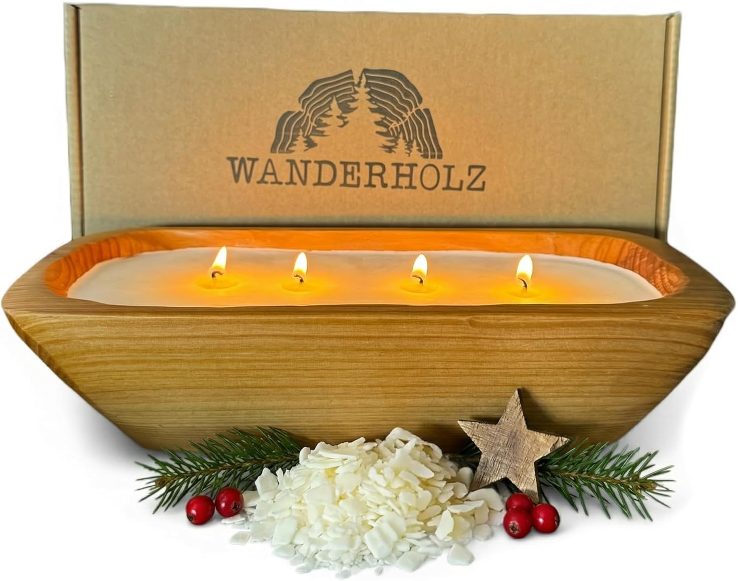 Wanderholz Soy Wax Candle in a Cedar Wood Bowl - Sustainable Multi-Wick Candle with Soy Wax Four-Wick Candle Wax Soy Candle Candles Gift Large Decorative Living Room Candle Decoration Modern