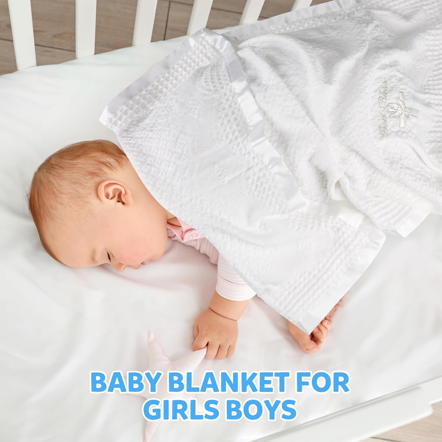 Baby Blanket for Boys Girls God Bless Baptism Christening Shawl White Soft Knit Receiving Swaddle Newborn Unisex Summer Autumn Winter Nursing Cover - Baptism Blanket image number 7