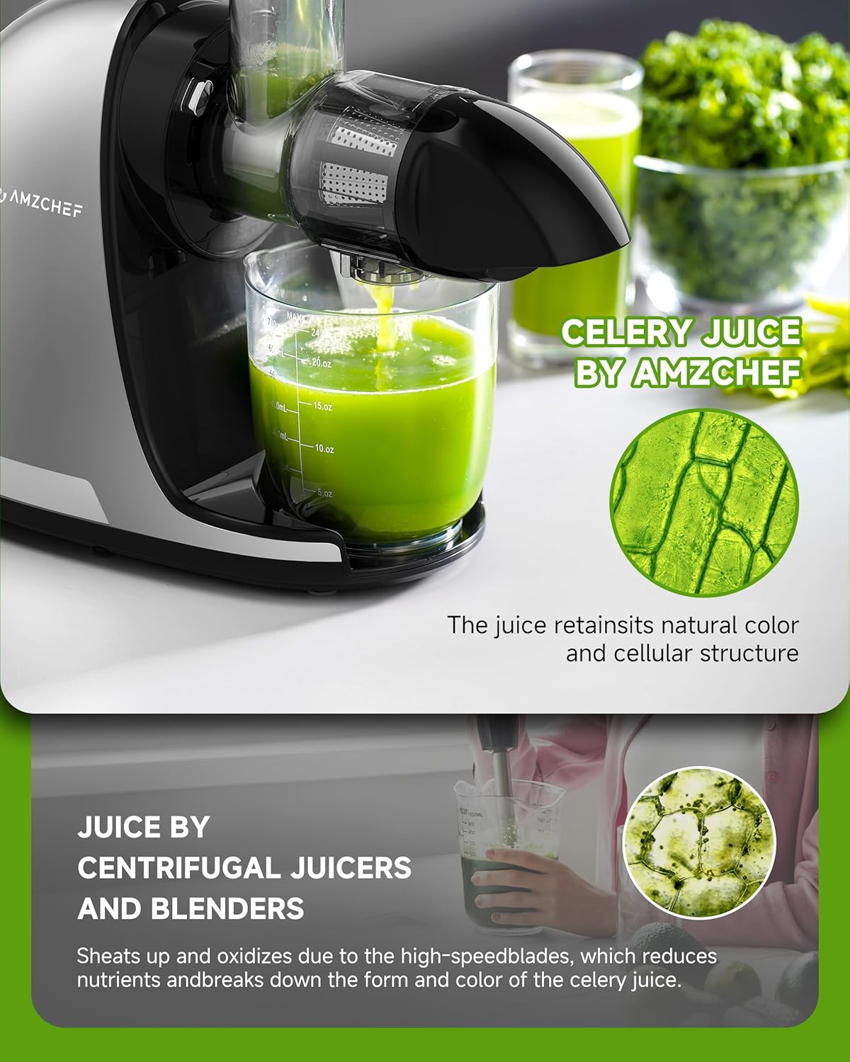 AMZCHEF Cold Press Juicer for Whole Fruits and Vegetables,Masticating Slow Juicer Machines with Reverse Function, High Juice Yield, Easy to Clean, BPA Free Juice Extractor with 2 Cups and Brush，Gray image number 3