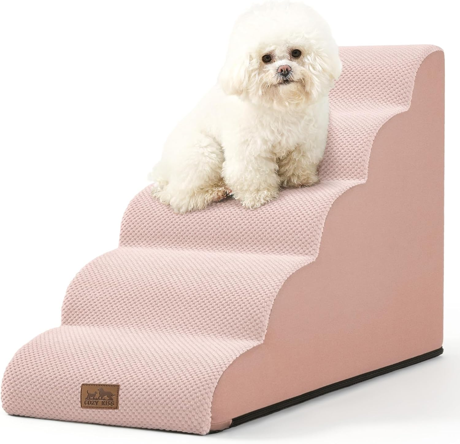 COZY KISS Dog Stairs for Small Dogs 15.7" H, Curved Dog Step for Puppy, Older Cat, Medium Pet Ramp for Sofa, Couch or Bed, Ladder with High Density Foam, 15.7X22.4X15.7 Inch, 3 Step, Pink