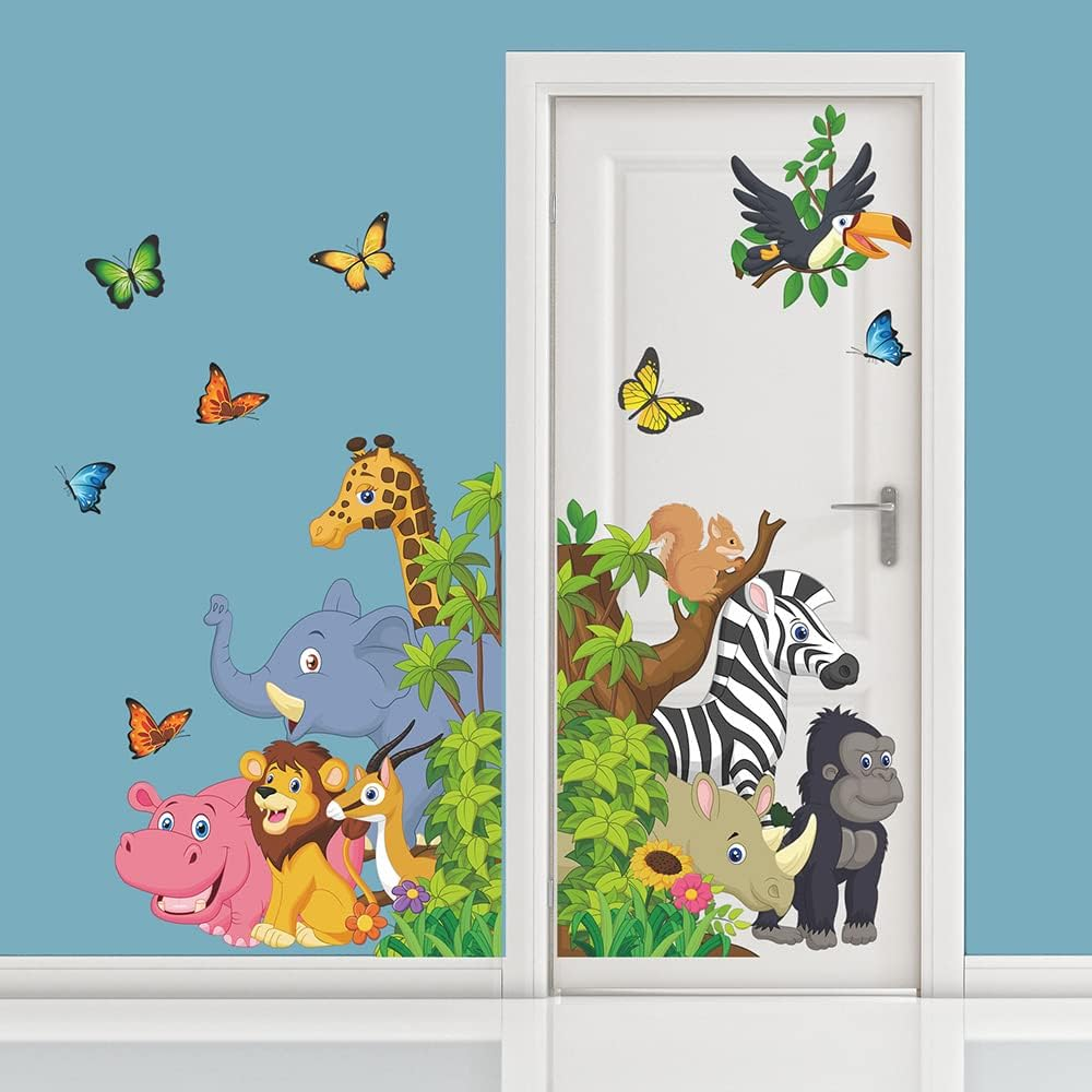 Supzone Cartoon Animal Wall Decal Jungle Animals Wall Stickers Elephant Lion Zebra Butterfly Wall Decor for Kids Baby DIY Vinyl Mural Art for Nursery Bedroom Living Room Playroom image number 1