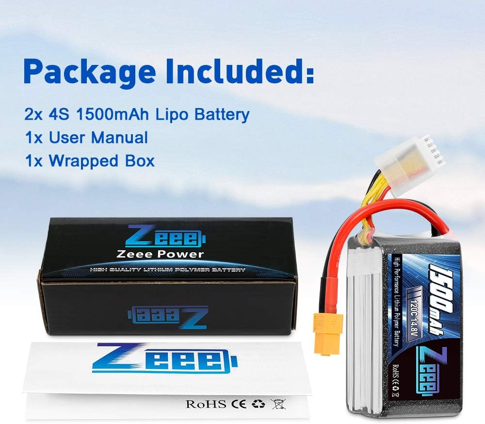 Zeee 4S Lipo Battery 1500Mah 14.8V 120C RC Battery with XT60 Plug for FPV Drone Quadcopter Helicopter Airplane RC Boat RC Car RC Models (2 Pack) image number 1