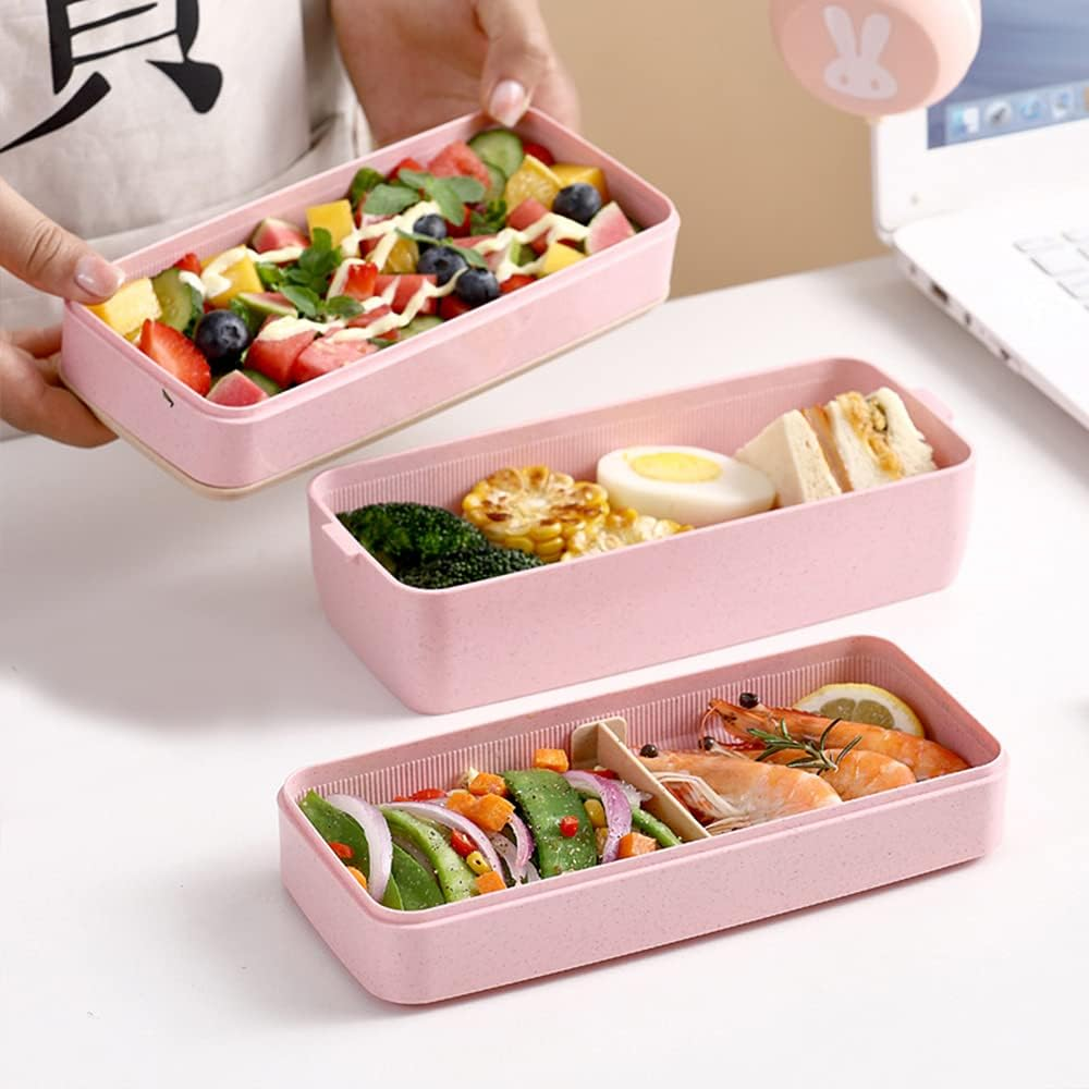 Iteryn Bento Adults Lunch Box, Stackable Bento Box, 3-In-1 Compartment - Wheat Straw, Leakproof Bento Lunch Box Meal Prep Containers - Khaki+Pink image number 3
