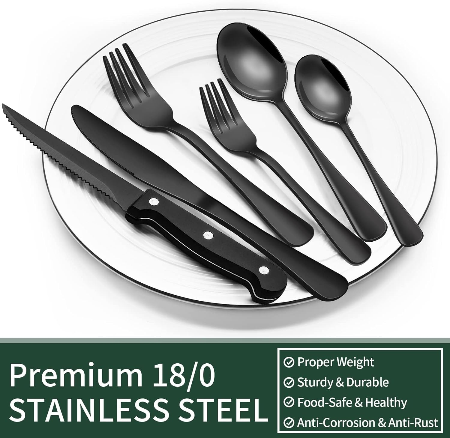 24-Piece Black Silverware Set, Stainless Steel Cutlery Set, Mirror Finish Flatware with Steak Knives image number 1