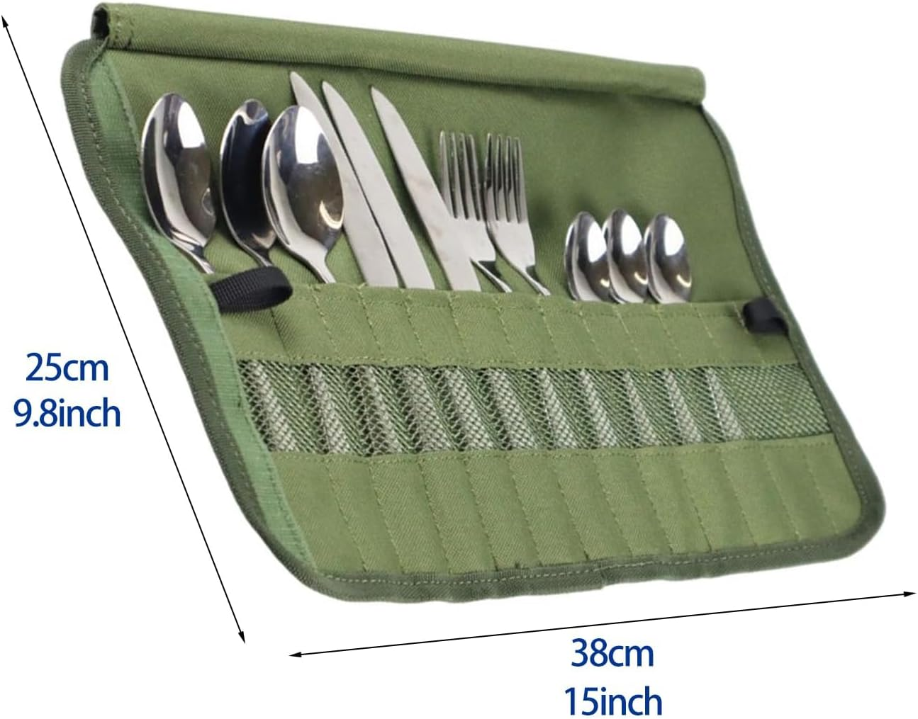 Camping Cutlery Roll,Knife Roll Bag,Waterproof Cutlery Bag with 13 Slots, Portable Silverware Storage Cloth Roll for Forks, Spoons, Chopsticks,Travel & Camping Utensil Pouch, Army Green Cooking Set image number 5