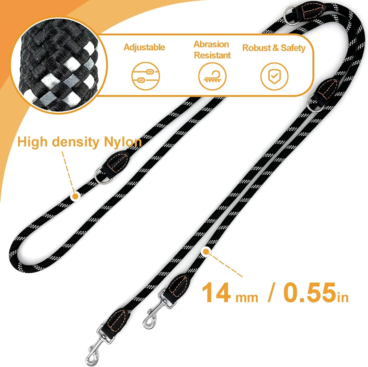 Bokelai Double Ended Lead for Dogs Adjustable Reflective 3M Training Lead for Large Medium Dogs Walking & Running Hands Free Rope Lead Black image number 3