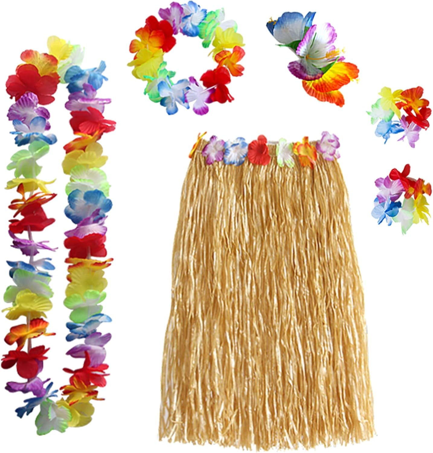 YSHIGUING 6Pcs Hula Skirt Costume Hawaiian Fancy Dress with Grass Skirt, Hawaii Leis, Hibiscus Hair Clip, Hawaiian Costume Set for Women Summer Beach Tropical Party Decoration image number 6