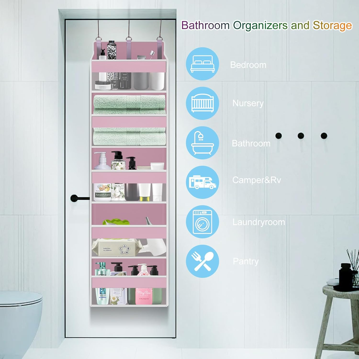 Xifllife over the Door Organizer Closet,5 Bins 10 Side Pockets,Hanging Door Organizer,Anti Tilt 44 Lbs Load Door Organizers and Storage with Clear Window for Bedroom,Nursery,Rv,Bathroom,Camper(Pink) - Black image number 3