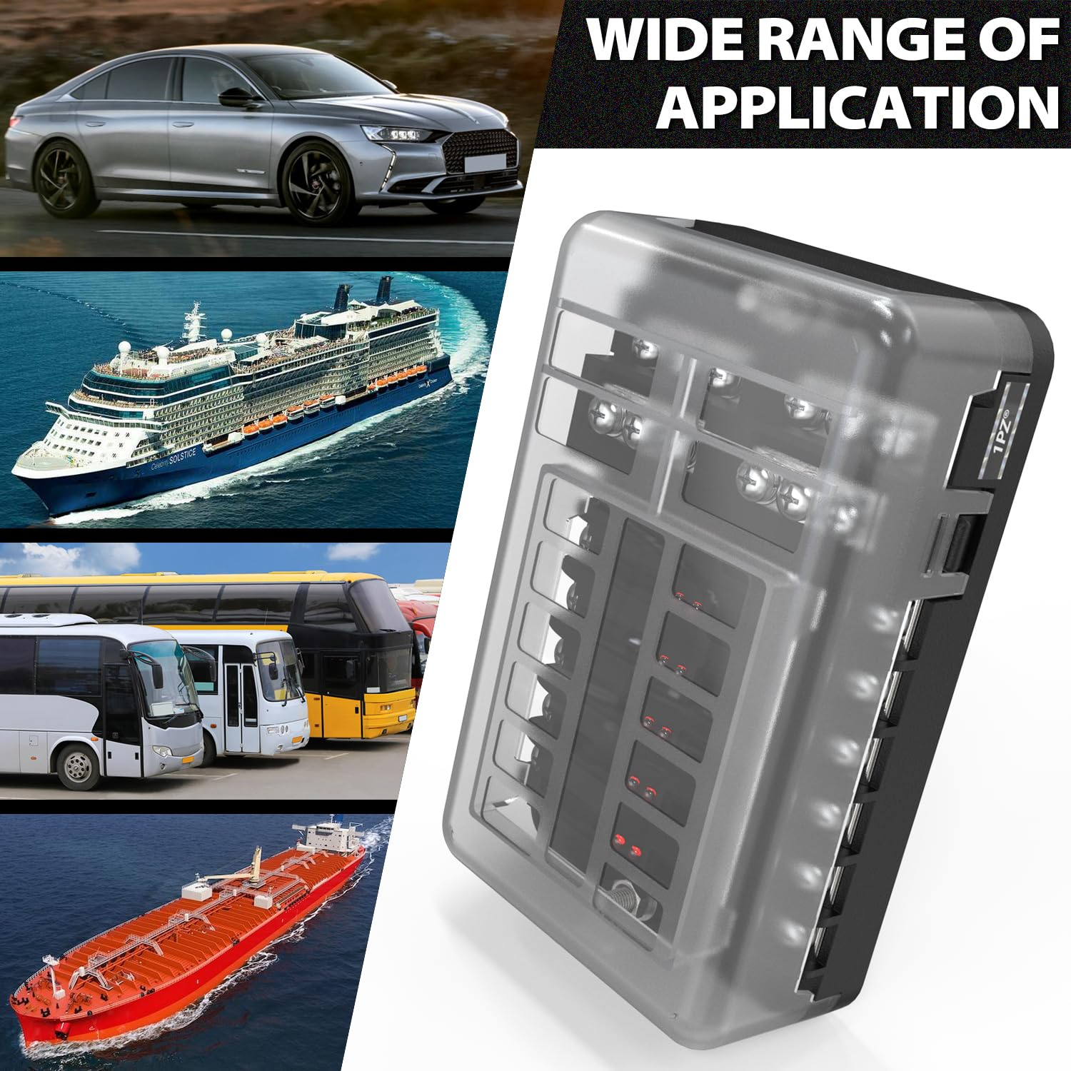 1PZ KC4-PK4 12 Circuit Waterproof Fuse Box with LED Light & Built-In Wire Cutter Universal Dual Pole Car Truck Boat Marine Fuse Block Panel