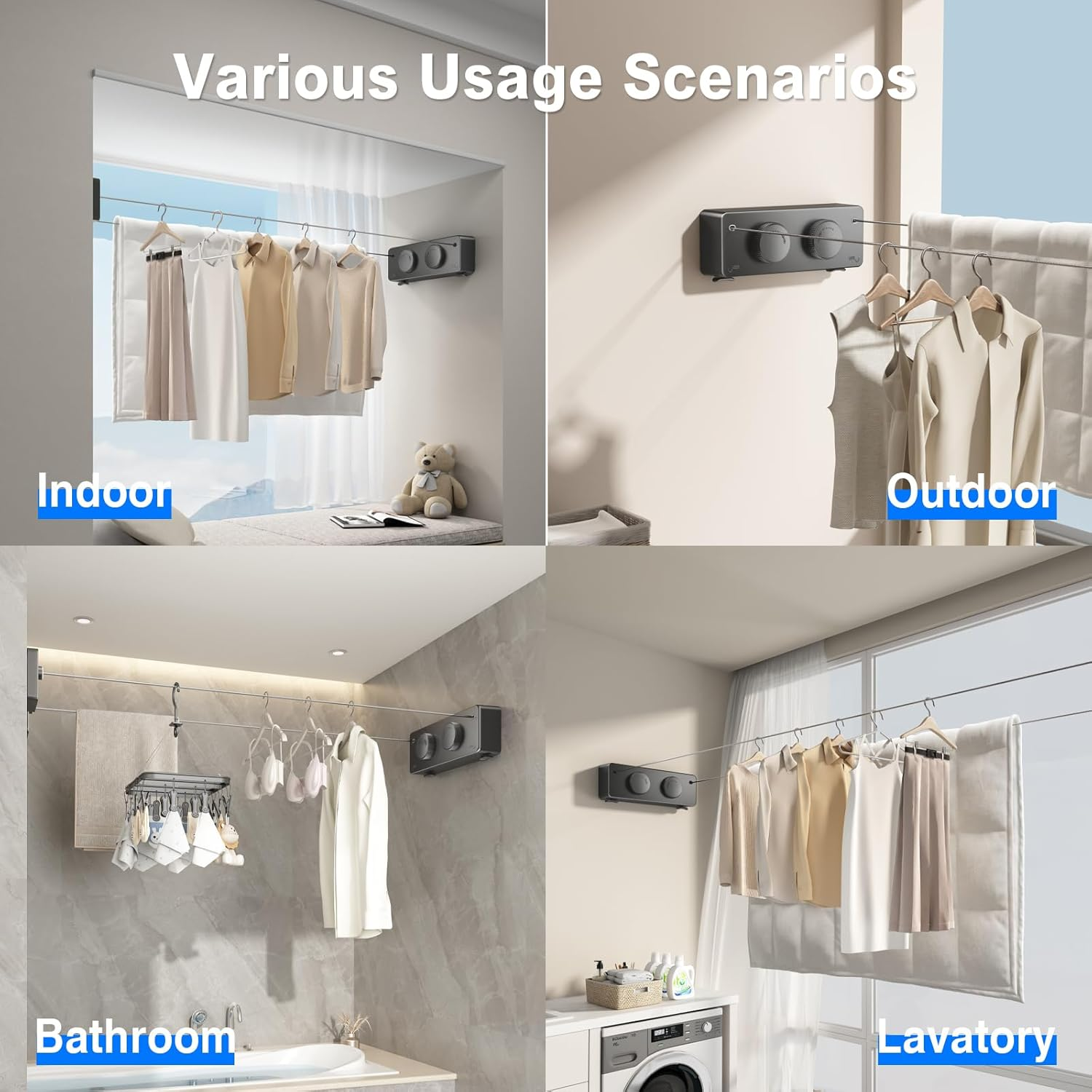 MUSTORN Clothesline Extendable Outdoor, Non-Saggy Double Rope, Retractable Washing Line Balcony Indoor Extendable for Drying Laundry Wall, Two Lines, Stainless Steel Rope, 4.2 M (Black) image number 3