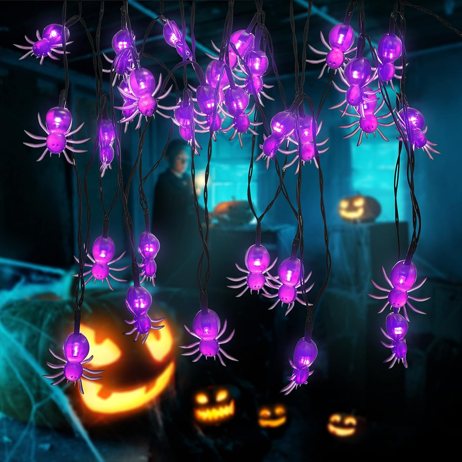 Oopswow YOUNGAR Halloween Decor Spider String Lights, Solar String Light,2Pack 20Ft 30 LED Outdoor Decorative Lights for Patio, Garden, Gate, Yard, Halloween Christmas Decoration (2Pack,Spider) image number 3