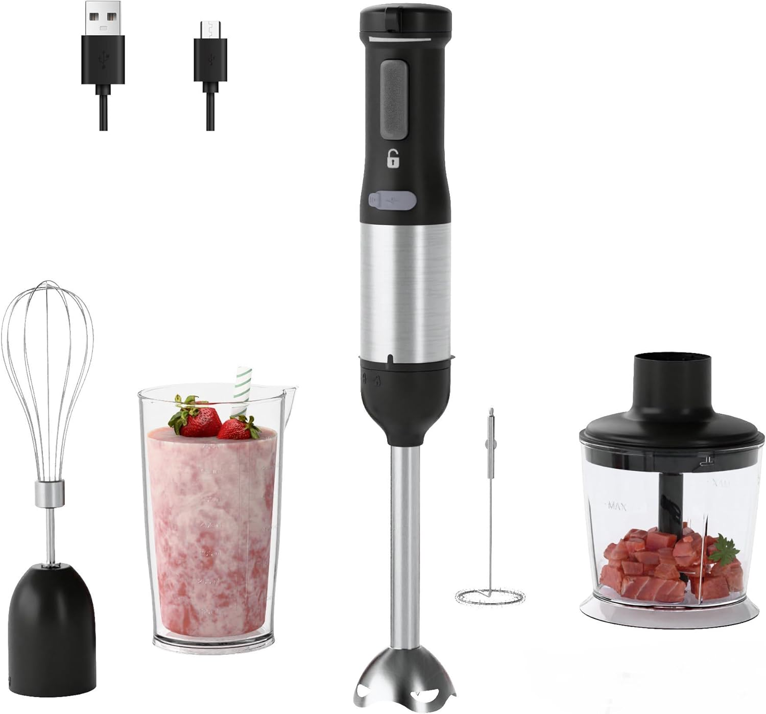WHUTO Cordless Immersion Hand Blender, 5-In-1 Variable Speed Blender Handheld,Rechargeable with 2000Mah Battery, Bpa-Free & Dishwasher-Safe Accessories:700Ml Beaker,Chopper,Whisk & Milk Frother,Black image number 3