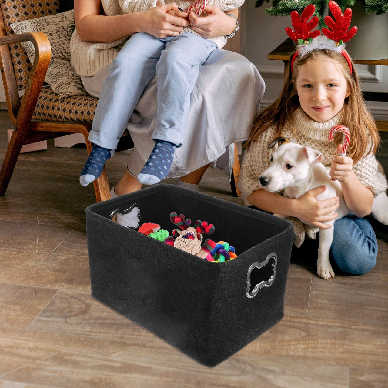 Alasum Dog Toy Storage Box Felt Basket with Metal Handles 15.35X11X8.66 Inches Lightweight Organizer for Pet Supplies and Kids Toys Home Storage image number 6