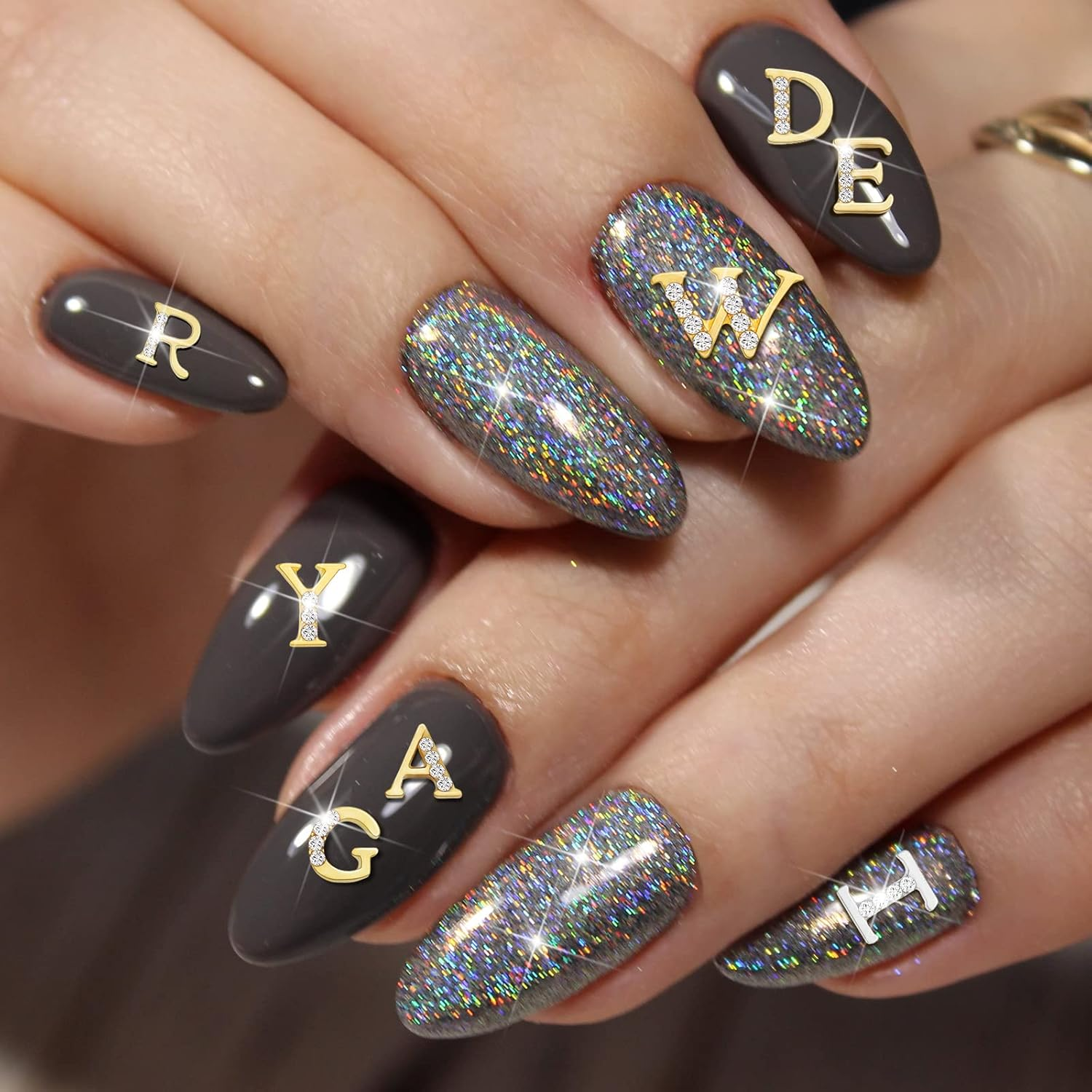 52 Pieces Letters Nail Stud Stickers Alloy Rhinestone Letter Charms 3D Capital Letters Nail Studs Alphabet Nail Charms English Nail Decoration for Women Girls Nail Accessories Home Salon, Gold, Silver