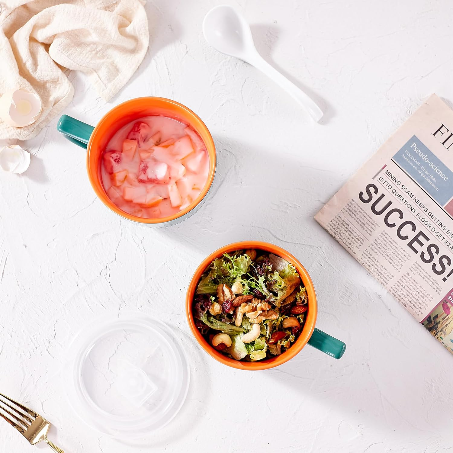 900Ml/32Oz Ceramic Soup Bowl with Handle & Lid - Microwave & Dishwasher Safe Large Ramen Bowl for Noodle, Cereal, Salad Soup Container with Lid - Green