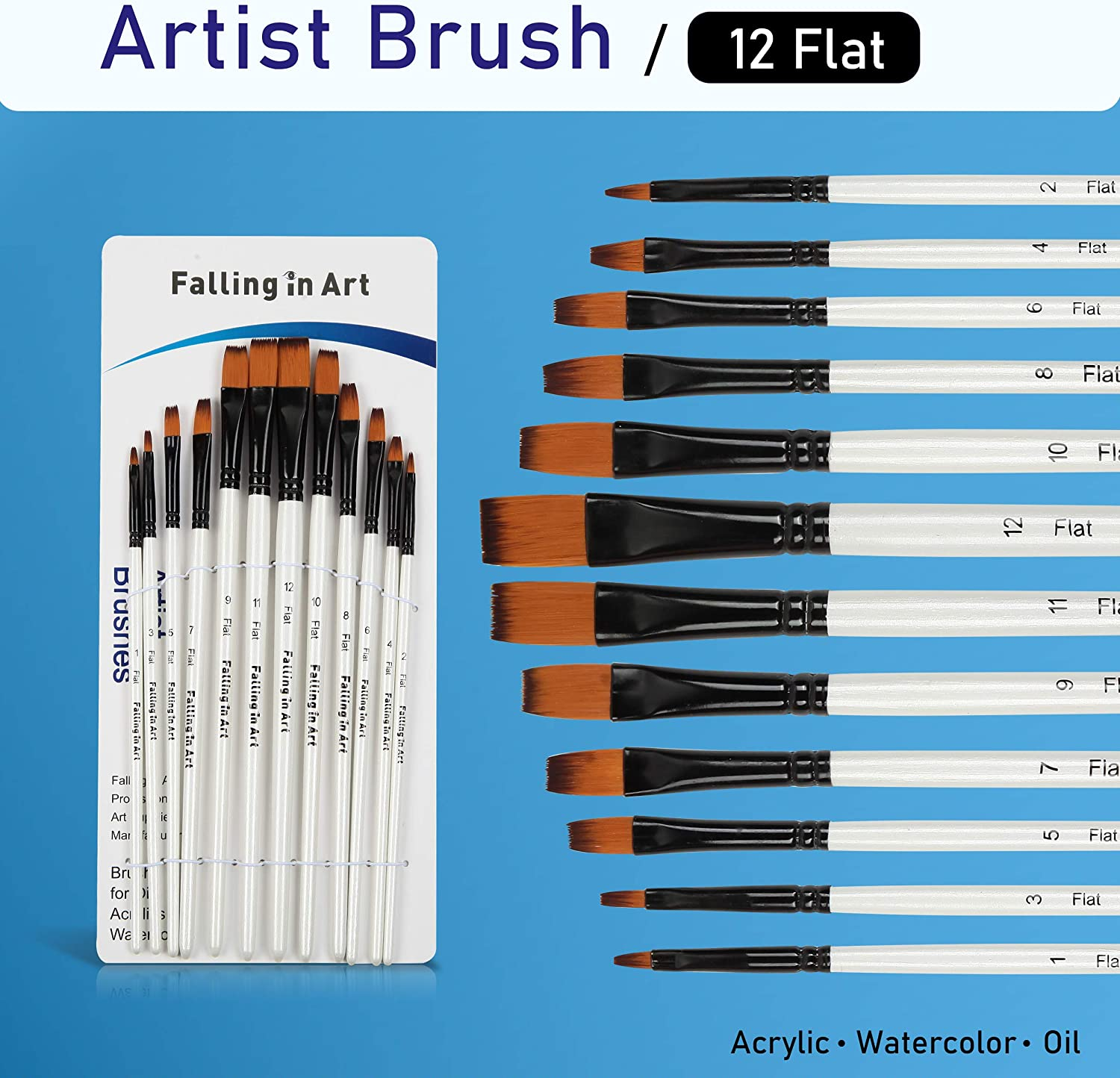 Falling in Art Paint Brushes Set, 12 PCS Nylon Professional Flat Paint Brushes for Watercolor, Oil Painting, Acrylic, Face Body Nail Art, Crafts, Rock Painting image number 1