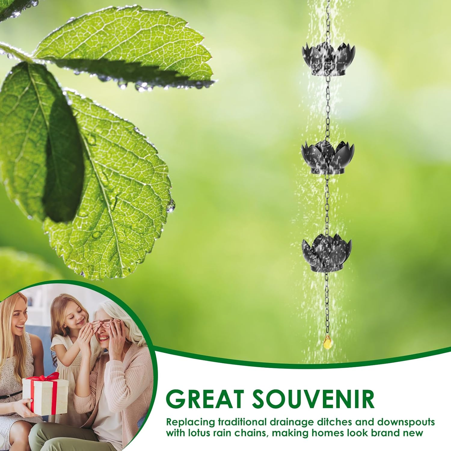 Rdjeokf Metal Rain Chain Replacement, with S Hook Adjustable Length, Imitation Water Lily Rain Chain, Premium Rain Chains for Gutters image number 1