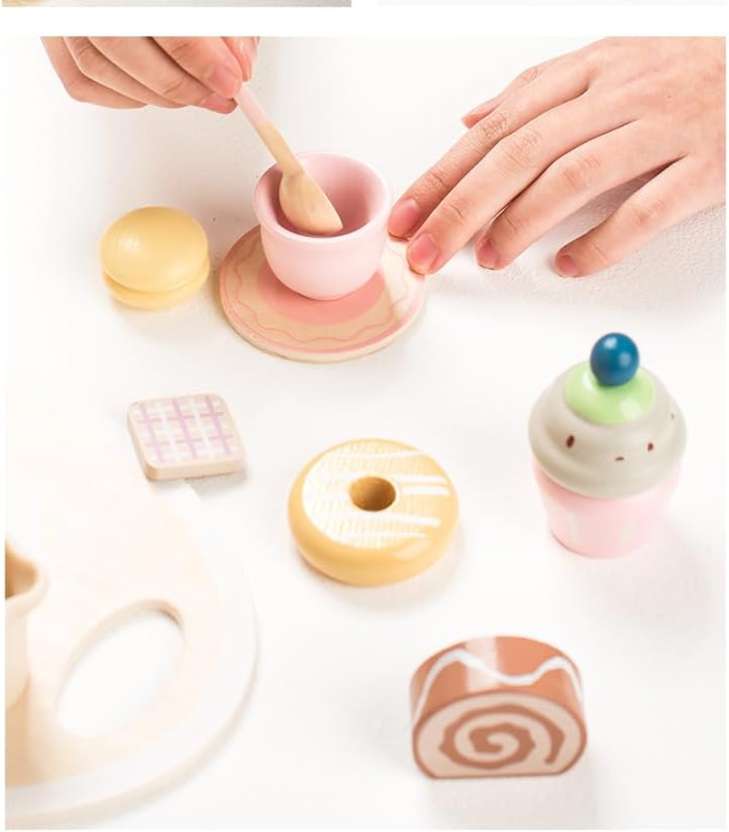 Wooden Tea Party Set for Toddlers 2 3 4 5 6, 24PCS Pretend Play Dessert Set with Cupcake Tower, Teapot, Cups, and Sweets, Montessori Toys Tea Set for Girls Birthday Gift, Kids Tea Party Set image number 5
