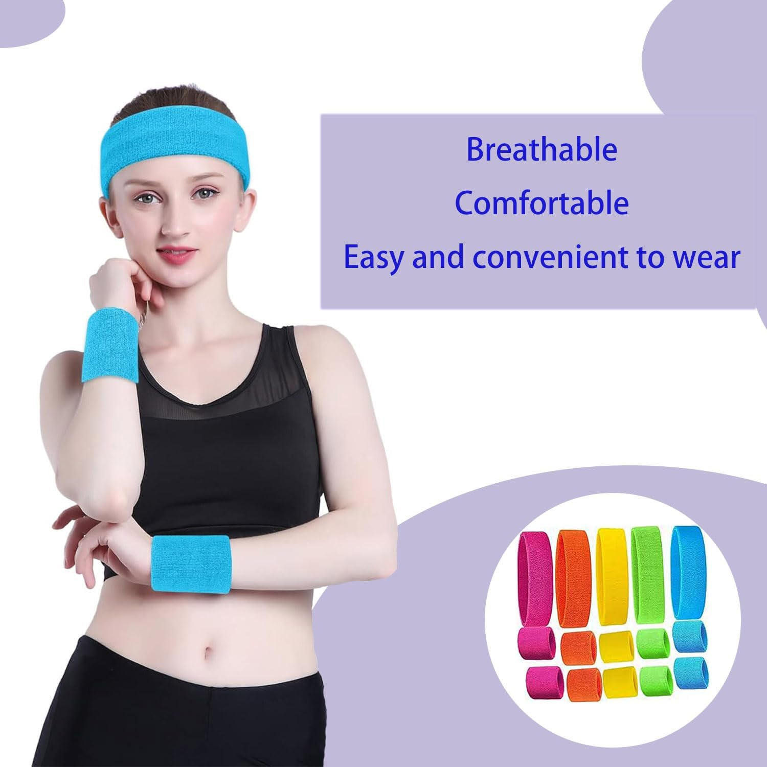 Roczential 15 Pieces Neon Sweatbands Set, Water Absorbent 5 Headbands and 10 Wristbands, Gym Terry Elastic Moisture Wicking Sweatbands for Men and Women Parties (5 Colors) image number 5