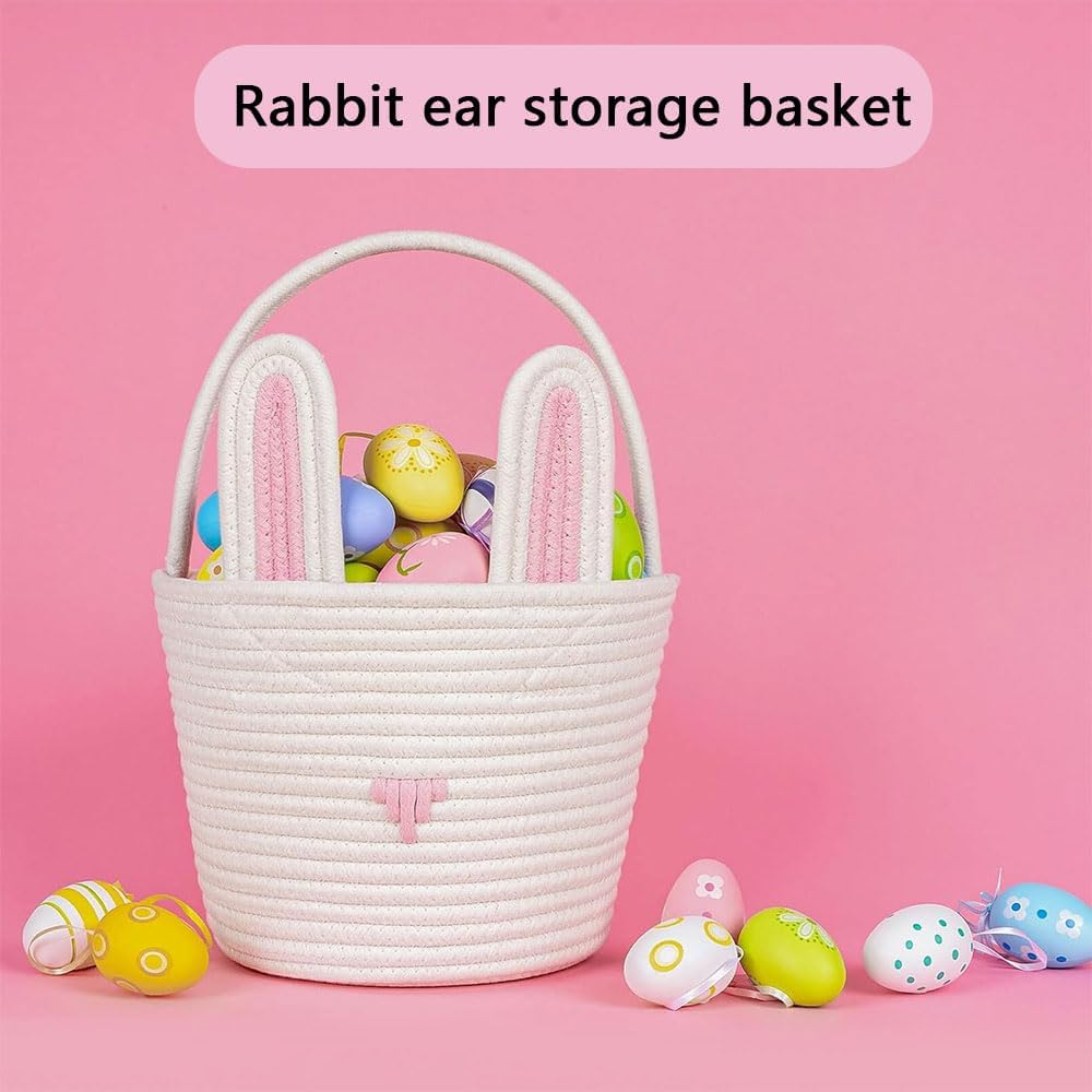 Bunny Basket Set for Kids & Babies &ndash; 2-Piece Handwoven Cotton Rope Easter Baskets with Ear Design &ndash; Soft & Safe for Egg Hunt, Ideal for Girls, Boys & Toddlers (Pink & White) image number 1