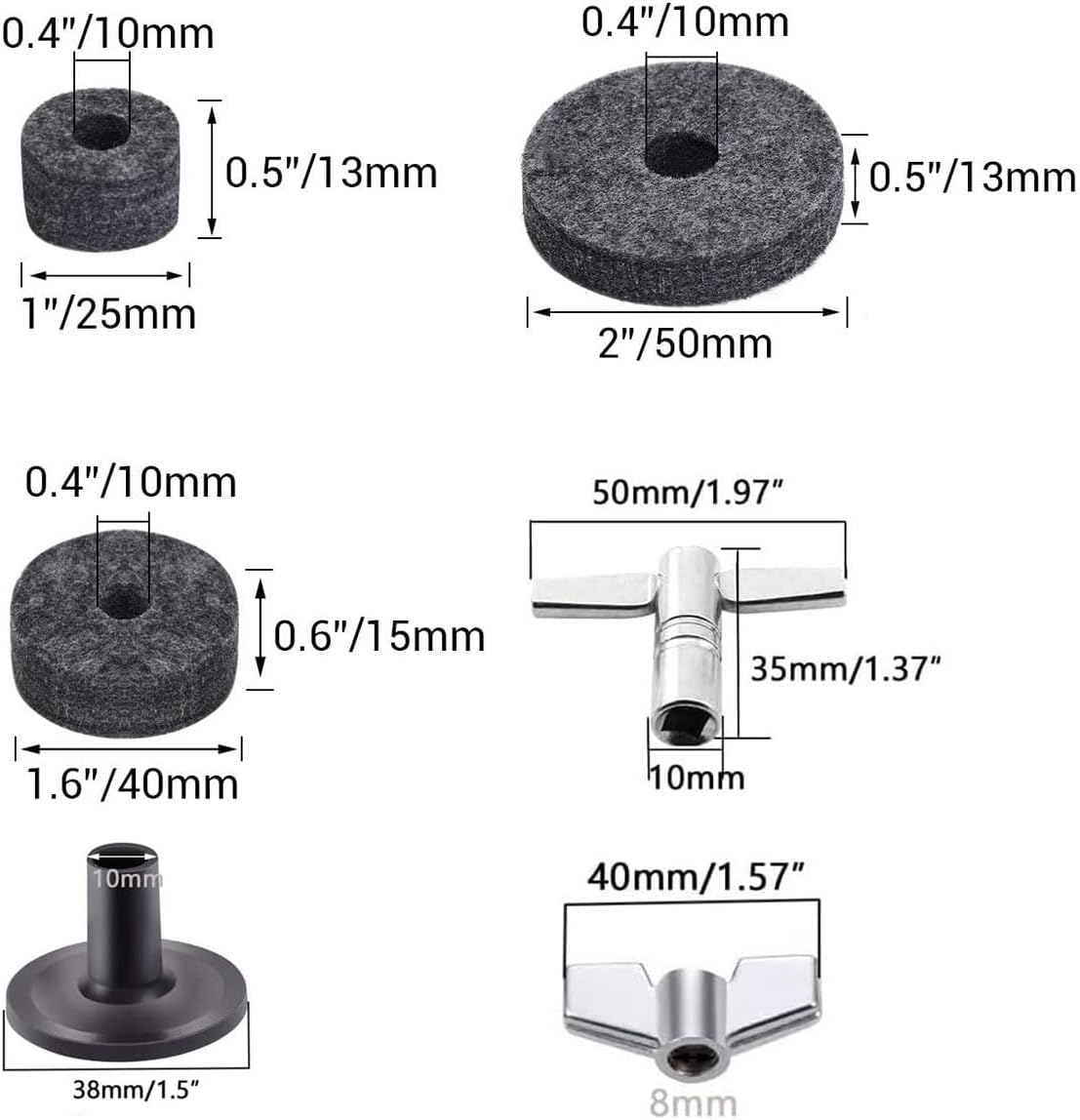 Drummers Survival Hardware Kit 9Pcs Cymbal Parts Cymbal Sleeves Felts Hi Hat Clutch Hi Hat Cup Wing Nut, 12Pcs Drum Tension Rods M6X60 M6X50 M6X15 Mm, 1Pcs Drum Tuning Key, 1Pcs Snare Straps image number 6