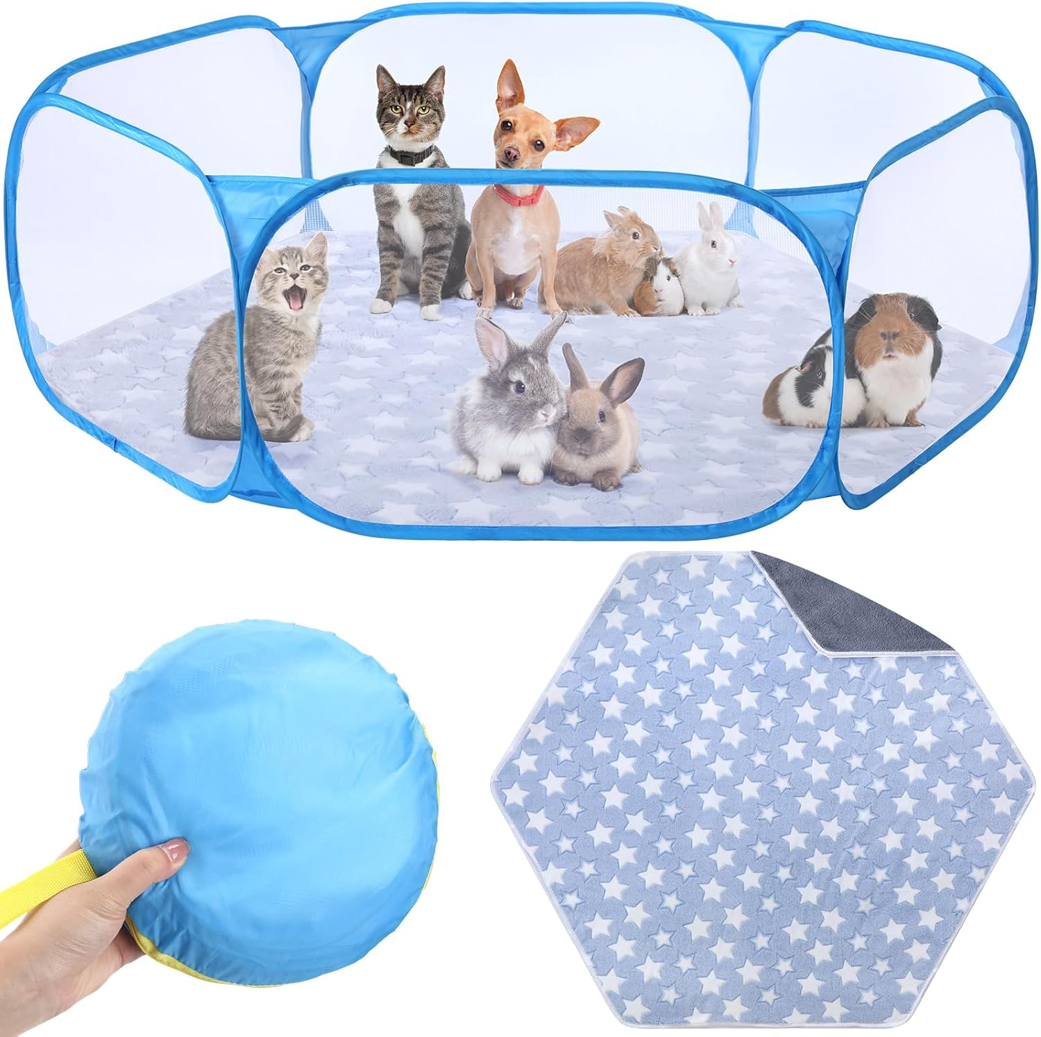 Vitalcozy Hamster Playpen with Mat Small Animal Cage Tent Breathable Transparent Guinea Pig Playpen Waterproof Portable Yard Fence Mat Foldable Exercise Playpen Outdoor Indoor (Blue,Star)