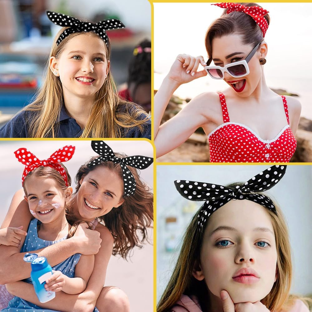 TRKETK Pack of 4 Hair Accessories with Polka Dots, Polka Dot Headbands Headbands with Adjustable Wire, Vintage Hair Band in Classic Red and Black, Hair Accessories for Girls and Women image number 2