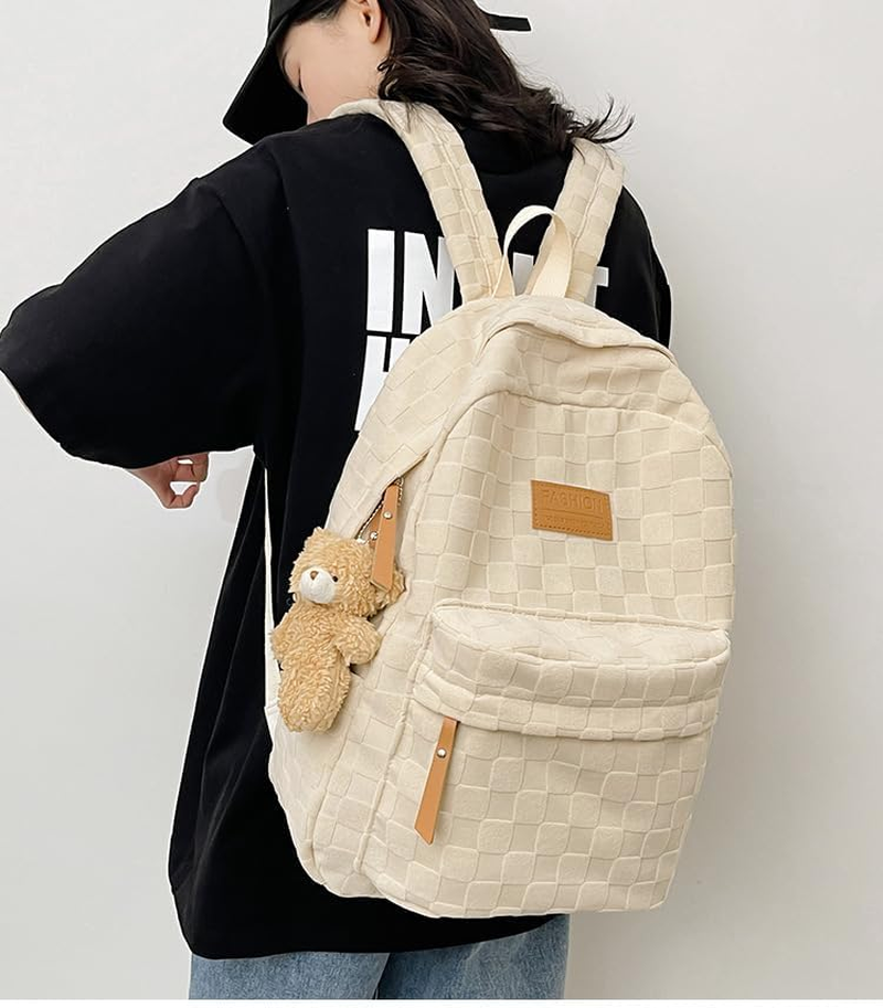 MININAI Aesthetic Checkered Backpack Light Academia Plaid Backpack Cute Preppy Backpack Fit 15.6 Inch Laptop Light Rucksack - Beige image number 4