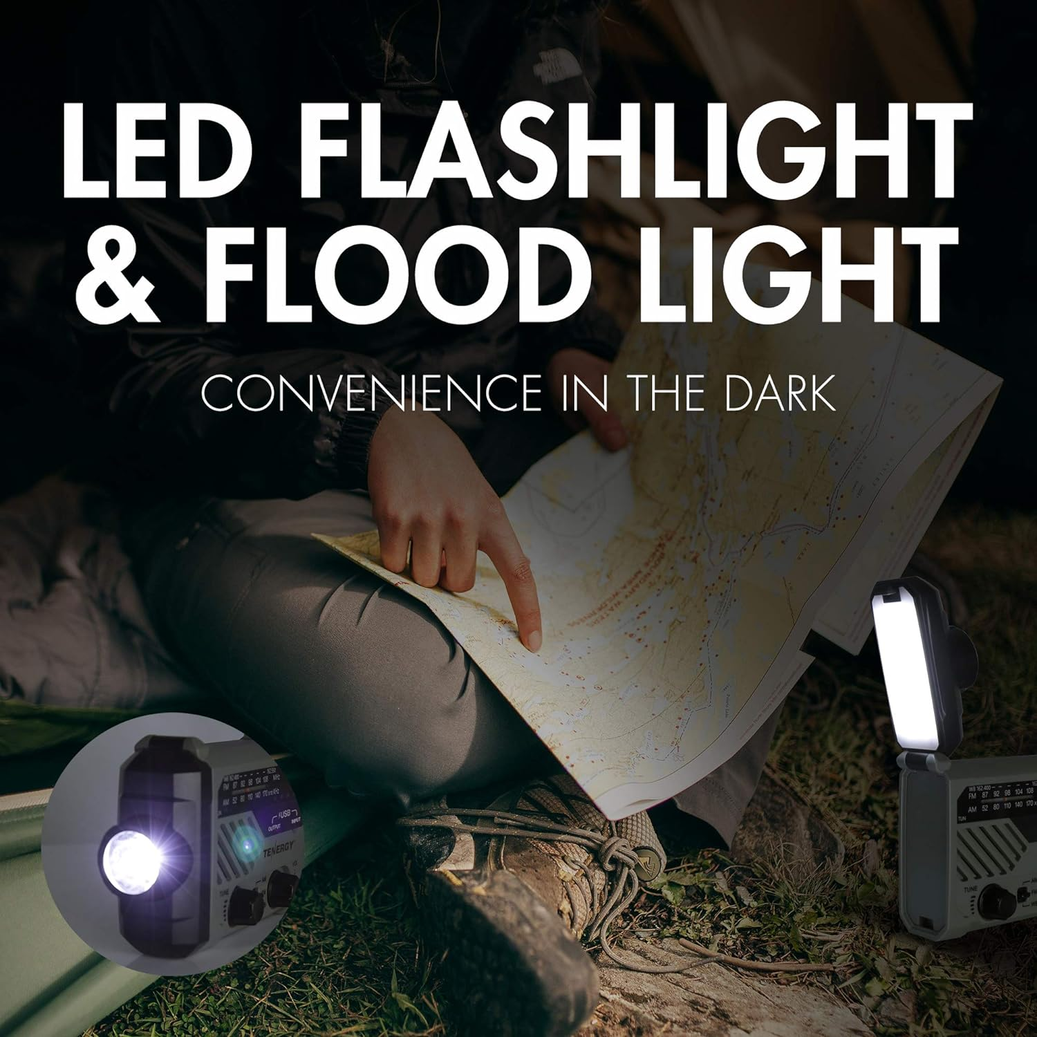 Tenergy Multifunctional Hand Crank Emergency Radio, Battery Powered Radio with LED Flashlights, SOS Alarm, Cell Phone Charger, AM/FM/NOAA Radio Frequencies, Ideal for Emergencies